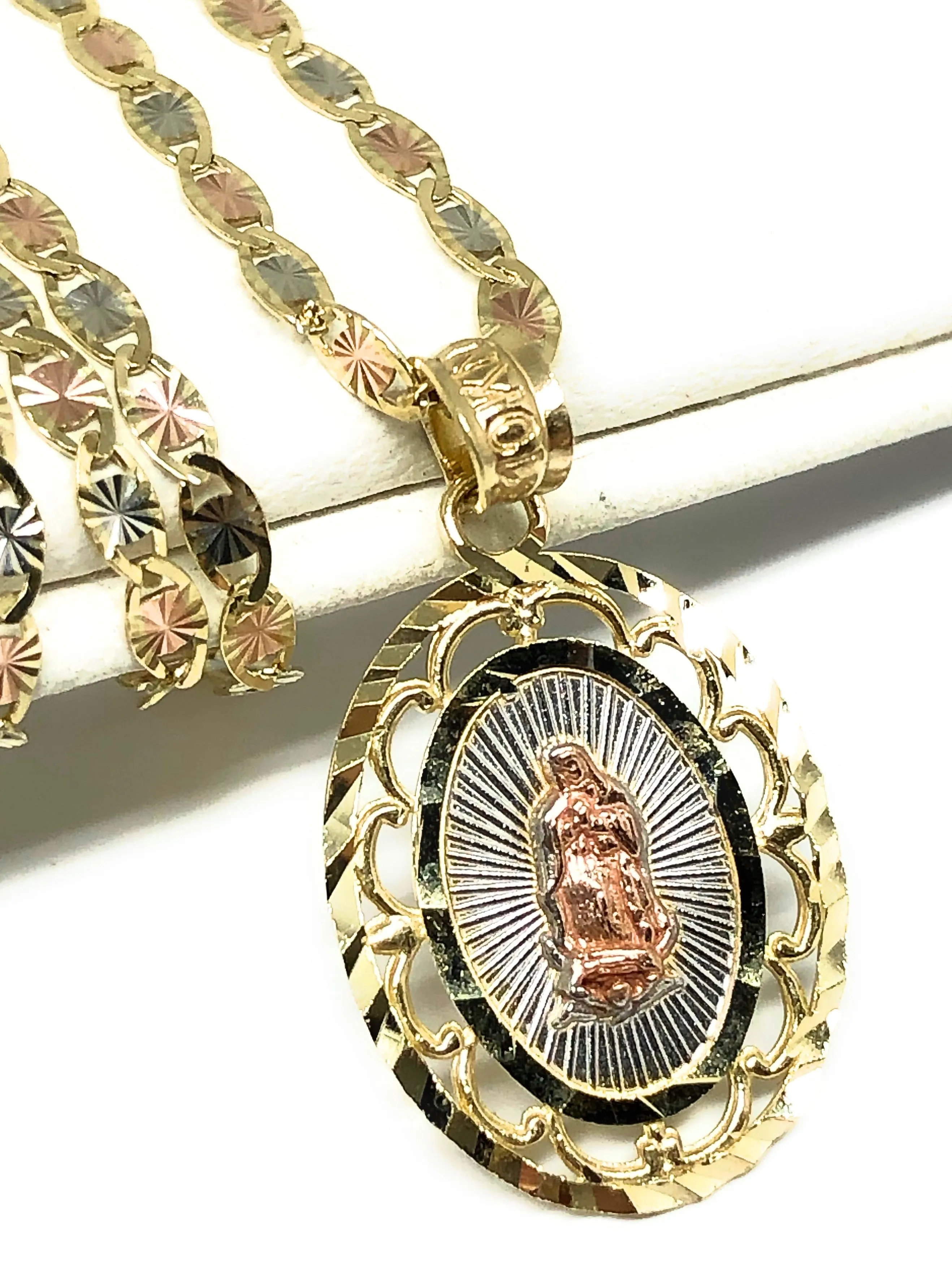 10k Solid Gold Tri-Color Virrgin Mary Pendant Virrgen Guadalupe Valentina Chain