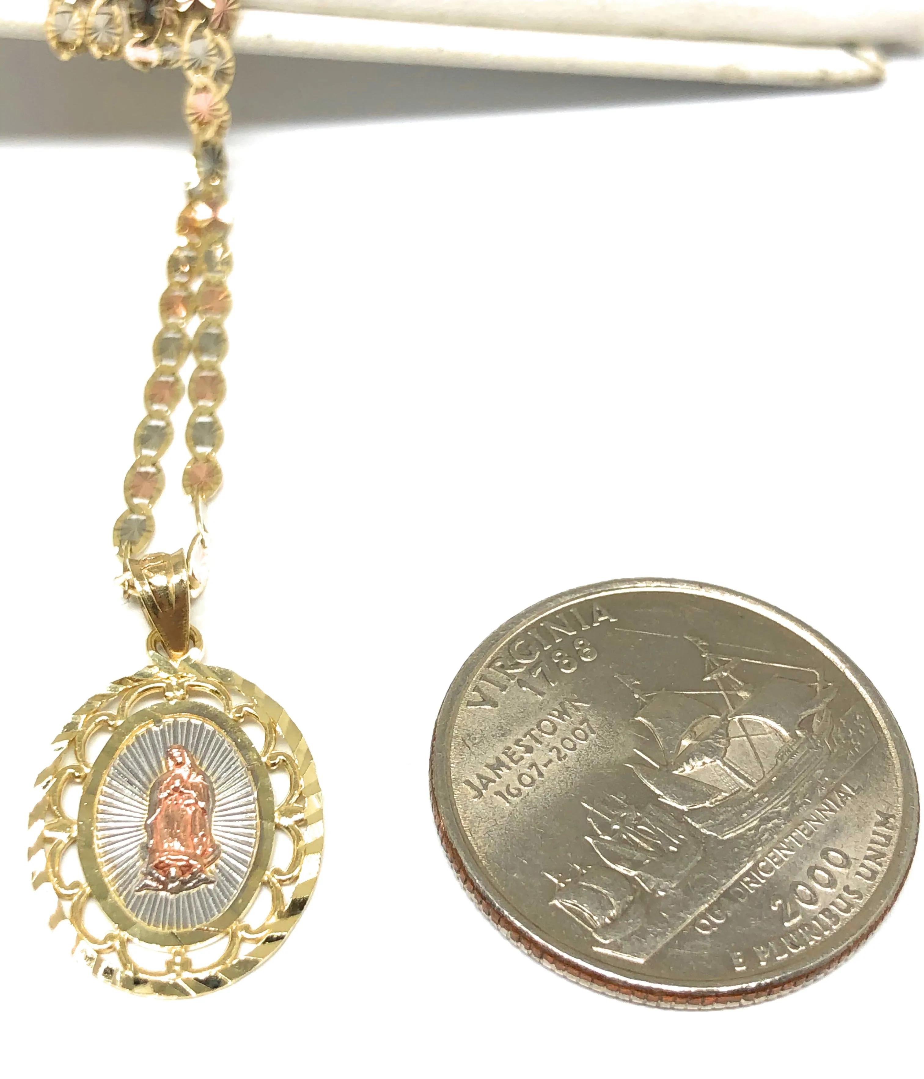 10k Solid Gold Tri-Color Virrgin Mary Pendant Virrgen Guadalupe Valentina Chain