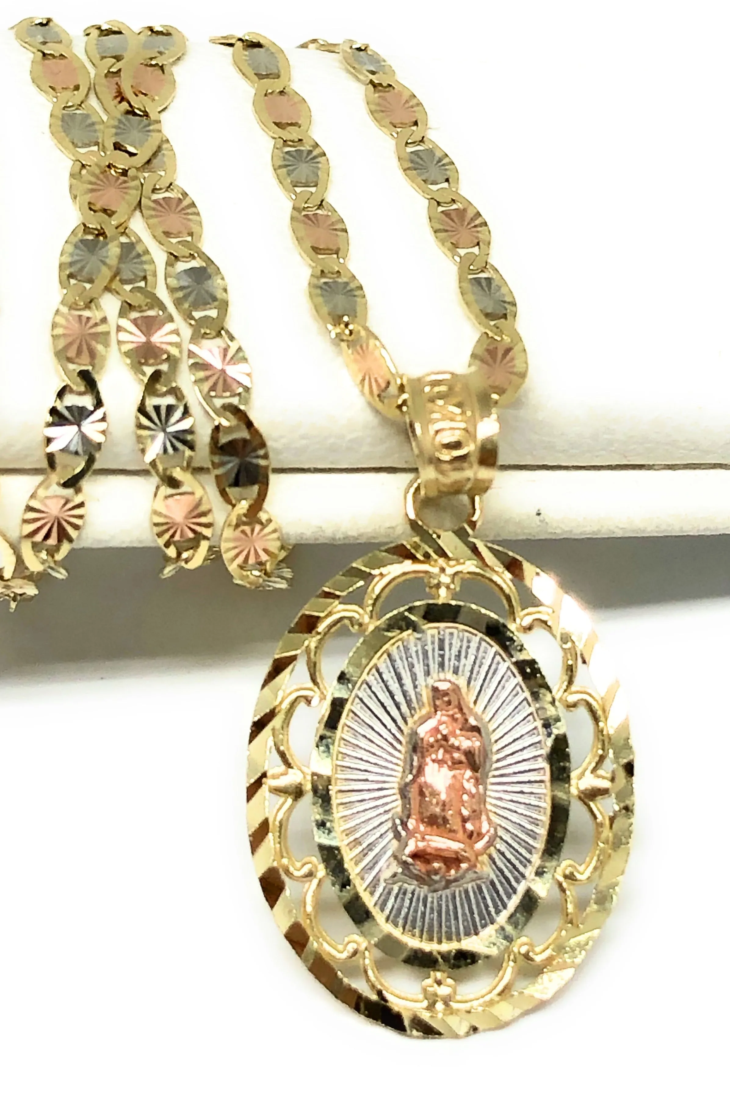 10k Solid Gold Tri-Color Virrgin Mary Pendant Virrgen Guadalupe Valentina Chain