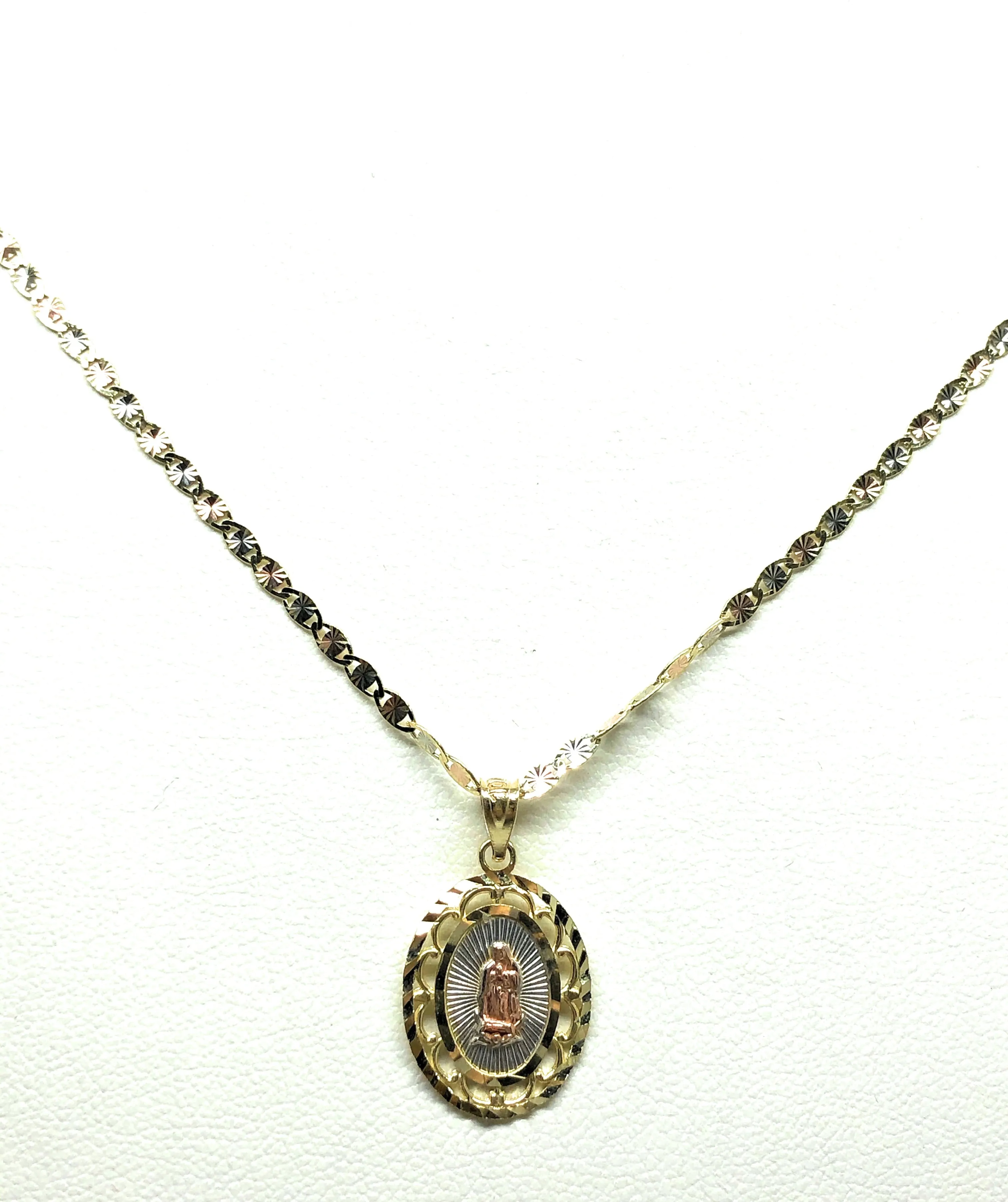 10k Solid Gold Tri-Color Virrgin Mary Pendant Virrgen Guadalupe Valentina Chain