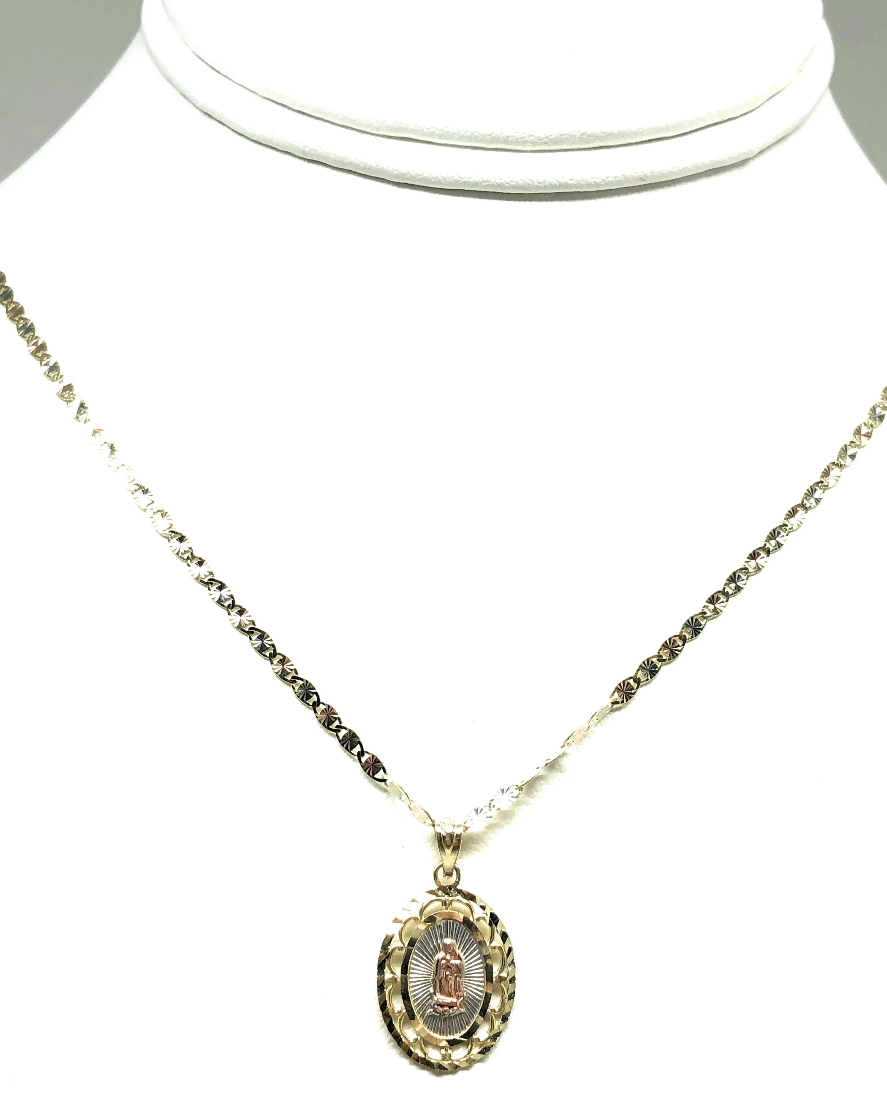 10k Solid Gold Tri-Color Virrgin Mary Pendant Virrgen Guadalupe Valentina Chain