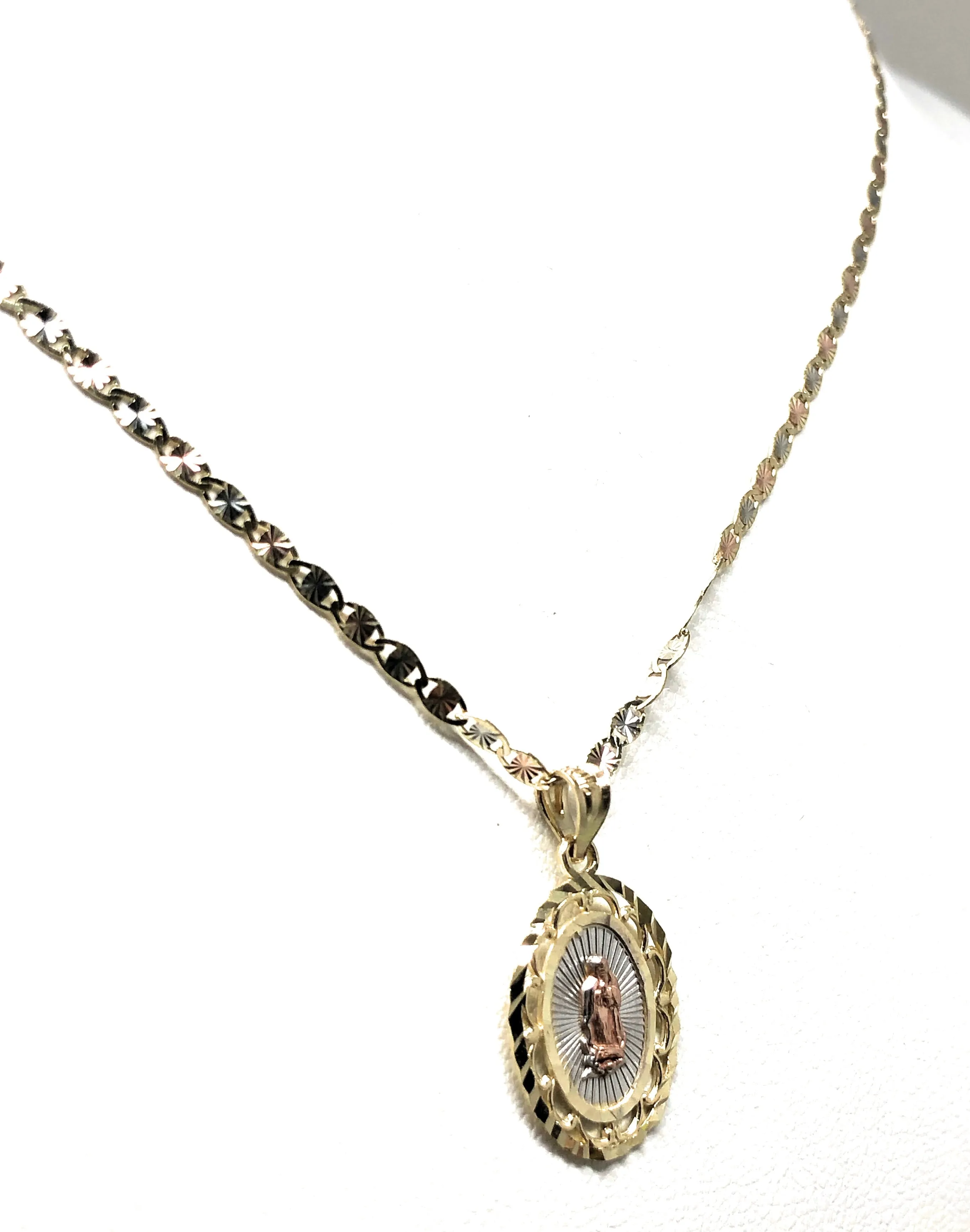 10k Solid Gold Tri-Color Virrgin Mary Pendant Virrgen Guadalupe Valentina Chain