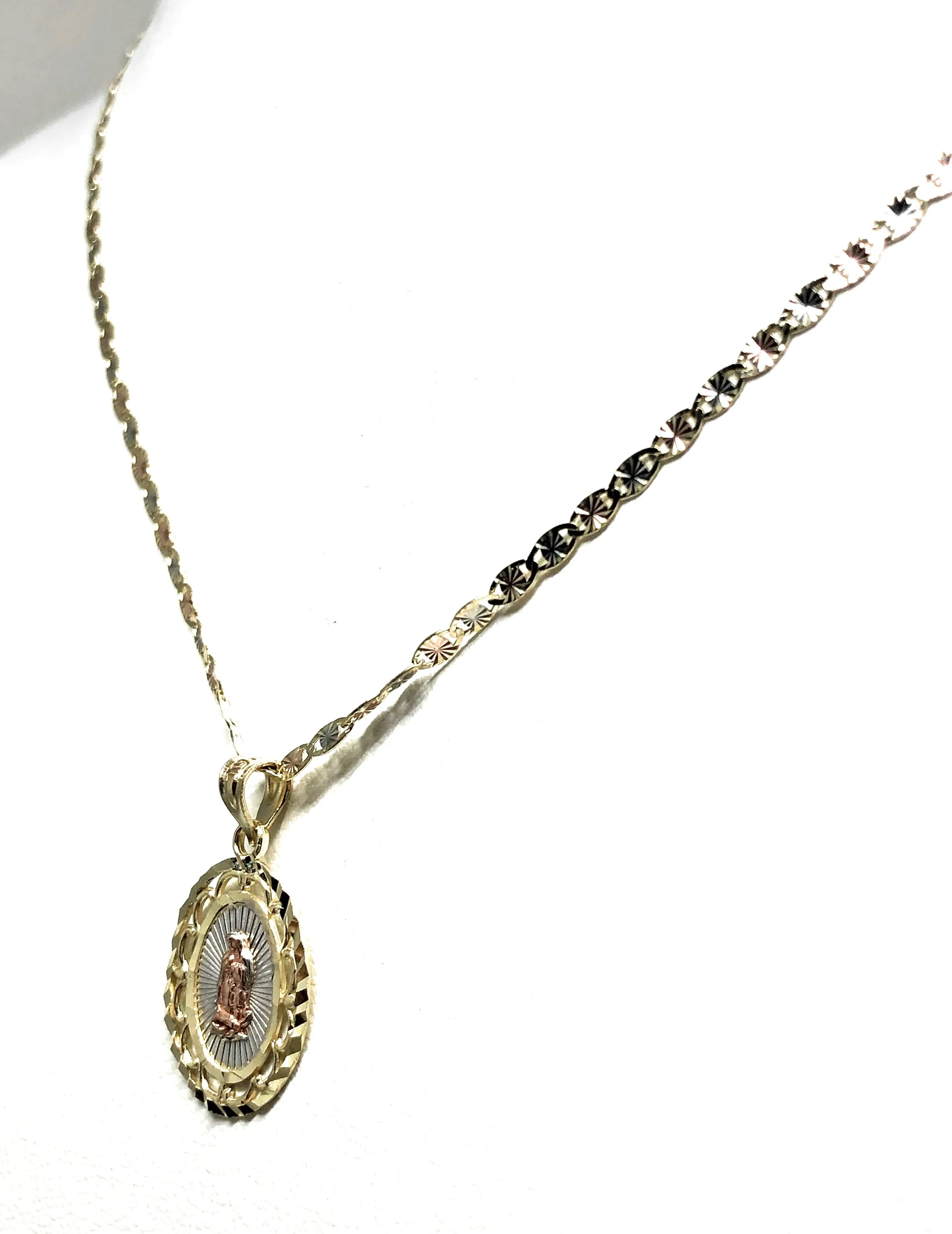 10k Solid Gold Tri-Color Virrgin Mary Pendant Virrgen Guadalupe Valentina Chain