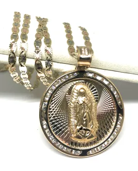 10k Solid Gold Tri-Color Virrgin Mary Round Pendant Necklace W/ Cubic Zirconia Virrgen Gaudalupe Valentina Chain