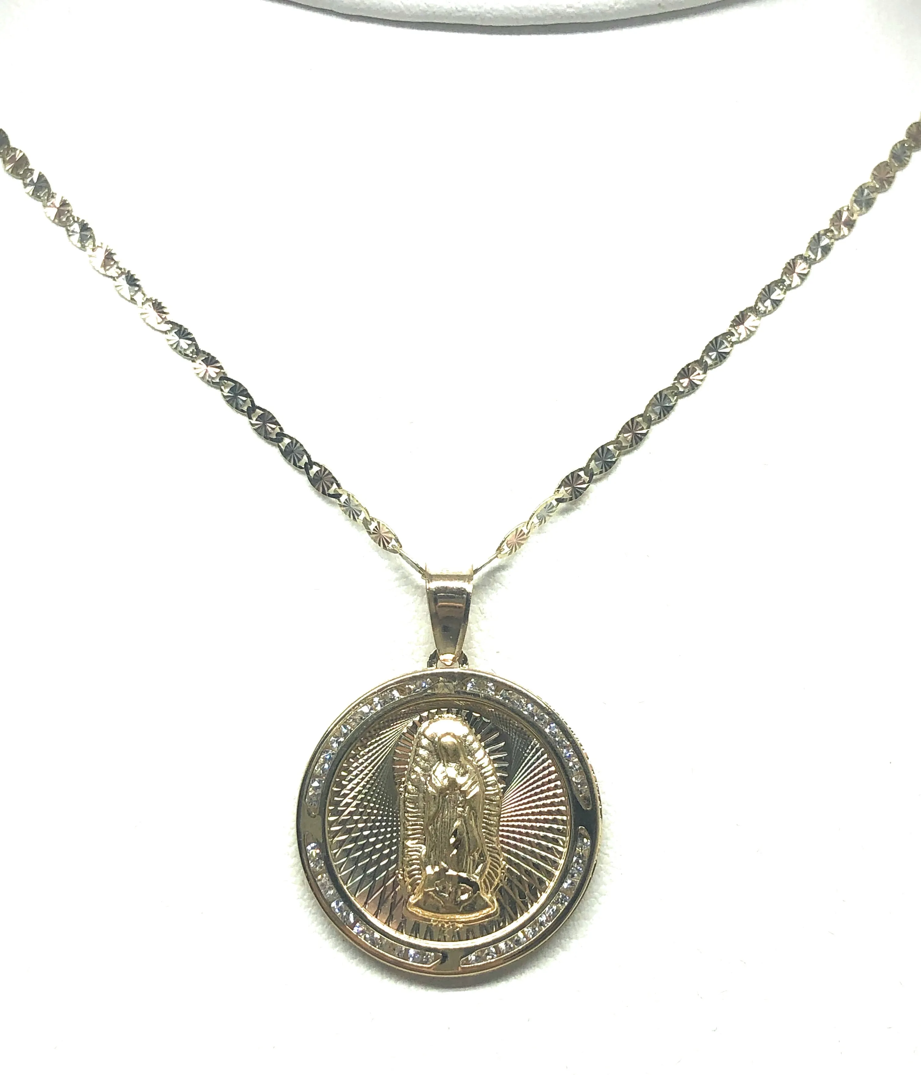 10k Solid Gold Tri-Color Virrgin Mary Round Pendant Necklace W/ Cubic Zirconia Virrgen Gaudalupe Valentina Chain