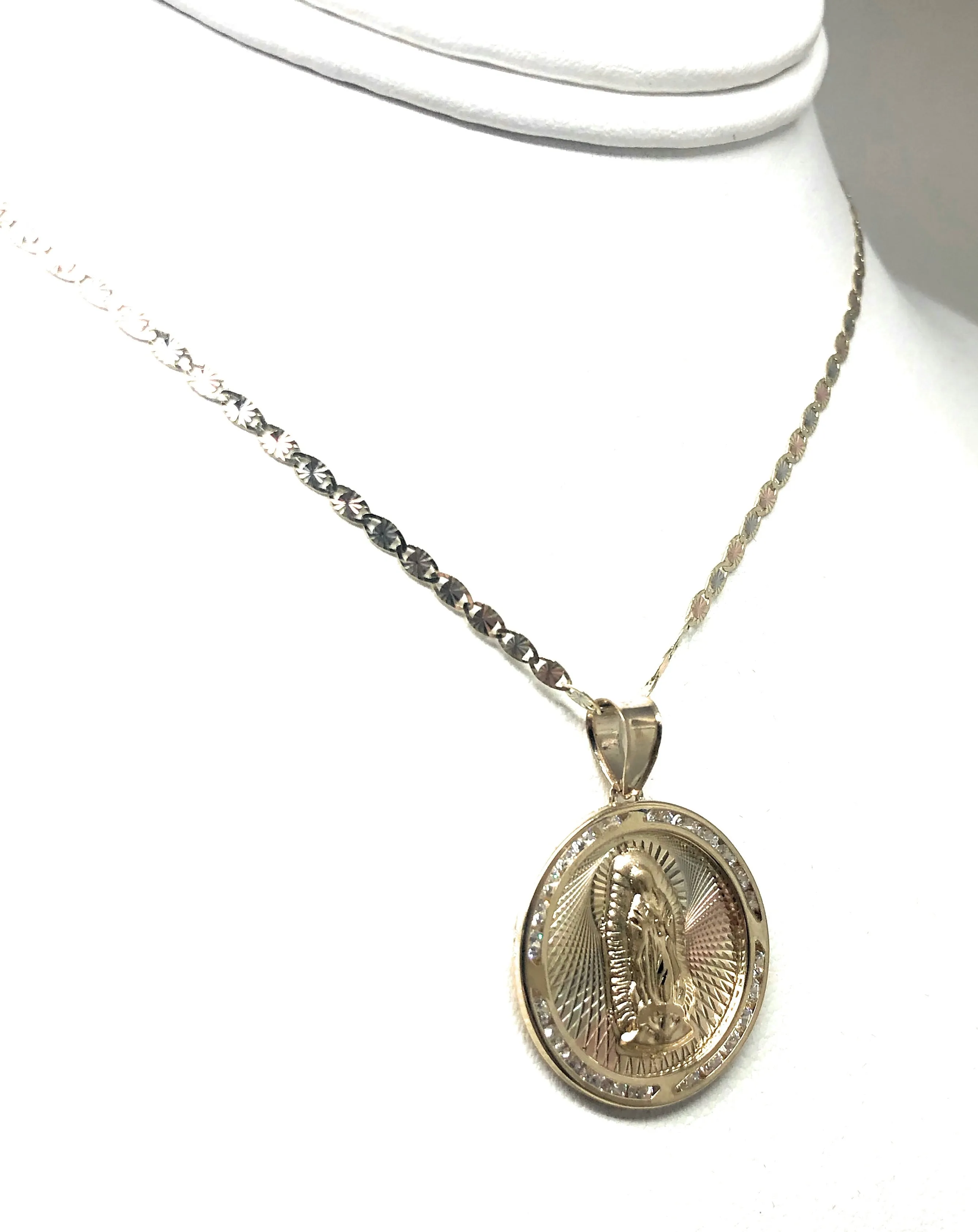 10k Solid Gold Tri-Color Virrgin Mary Round Pendant Necklace W/ Cubic Zirconia Virrgen Gaudalupe Valentina Chain