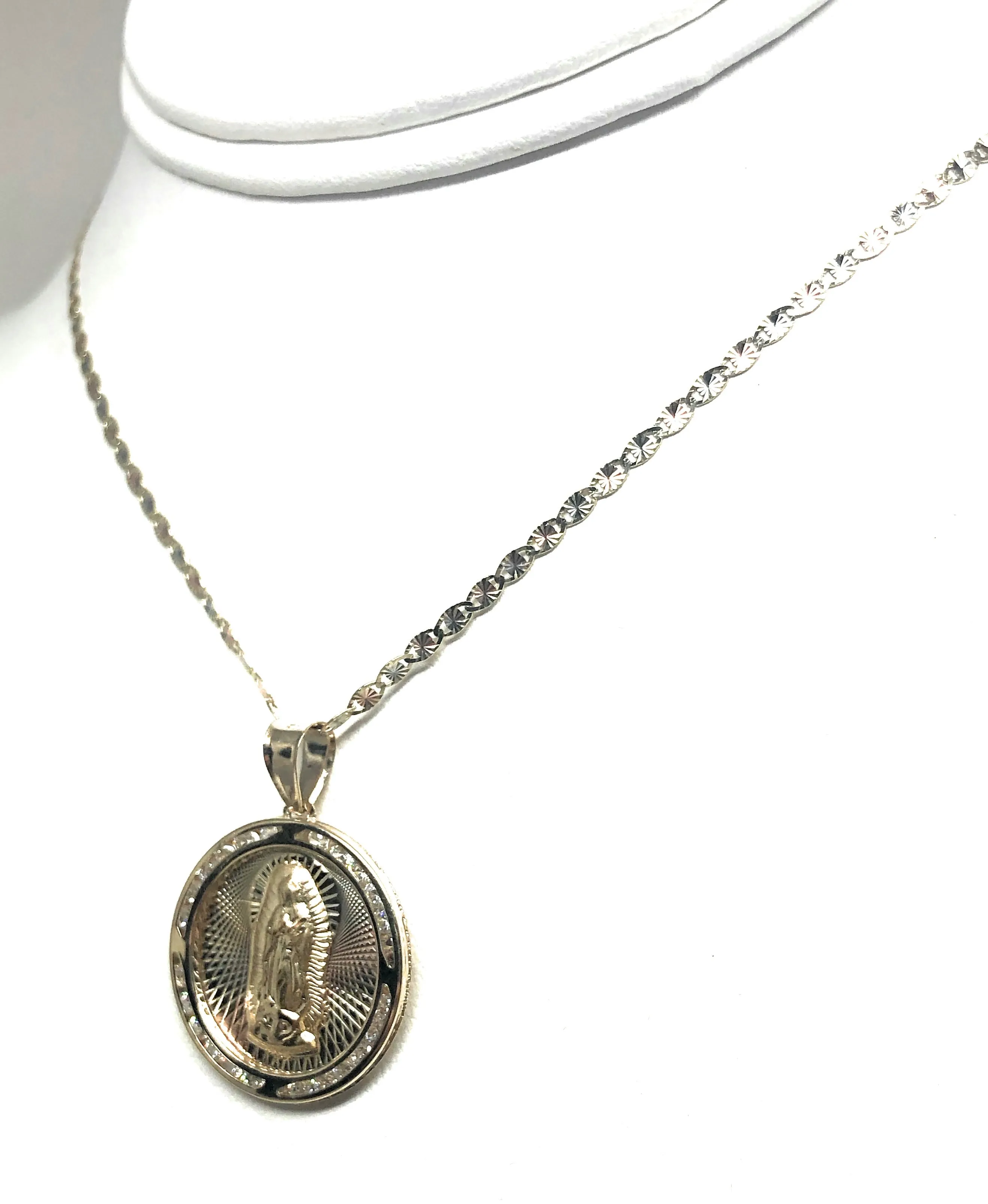 10k Solid Gold Tri-Color Virrgin Mary Round Pendant Necklace W/ Cubic Zirconia Virrgen Gaudalupe Valentina Chain