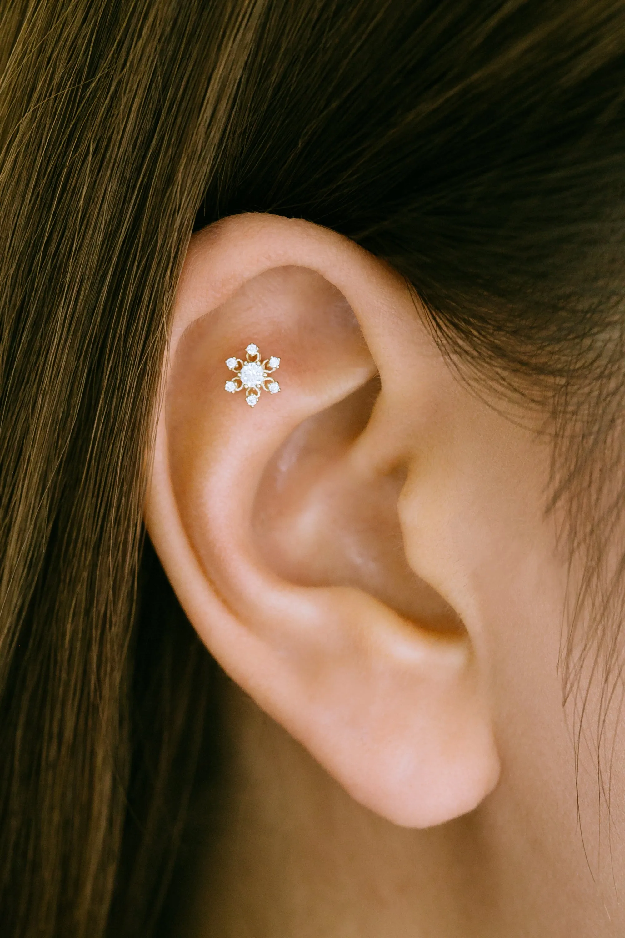 14K Real Gold Delicate Cz Flower Snowflake Forward Helix Cartilage Tragus Inner Conch Ear Stud Post Internally Threaded Earring 