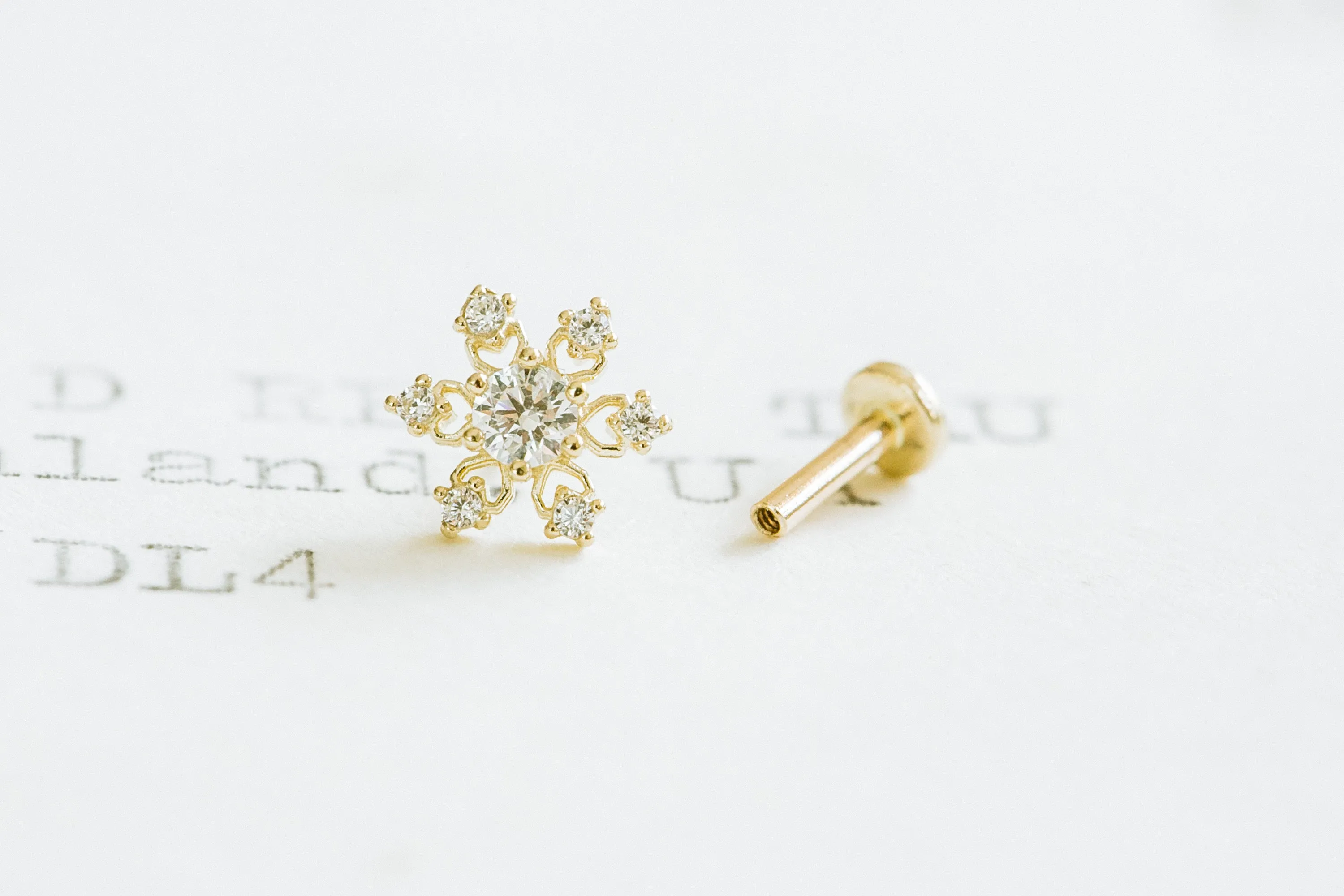 14K Real Gold Delicate Cz Flower Snowflake Forward Helix Cartilage Tragus Inner Conch Ear Stud Post Internally Threaded Earring 