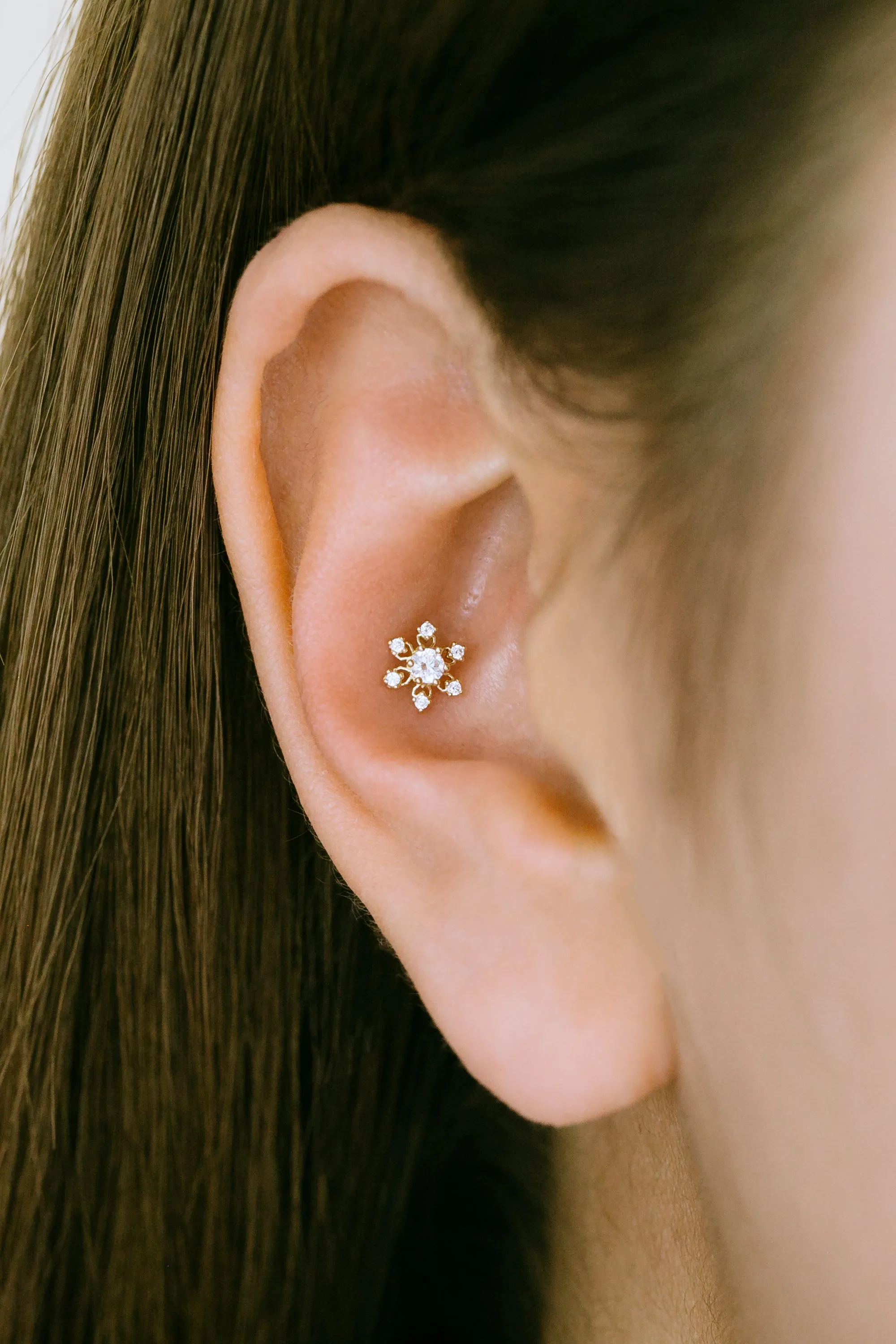 14K Real Gold Delicate Cz Flower Snowflake Forward Helix Cartilage Tragus Inner Conch Ear Stud Post Internally Threaded Earring 