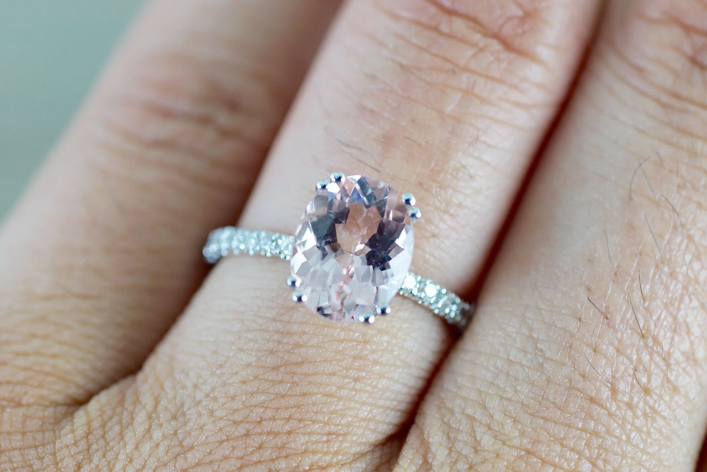 14k White Gold Diamond Band Oval Morganite Solitaire Double Prong Engagement Ring Love