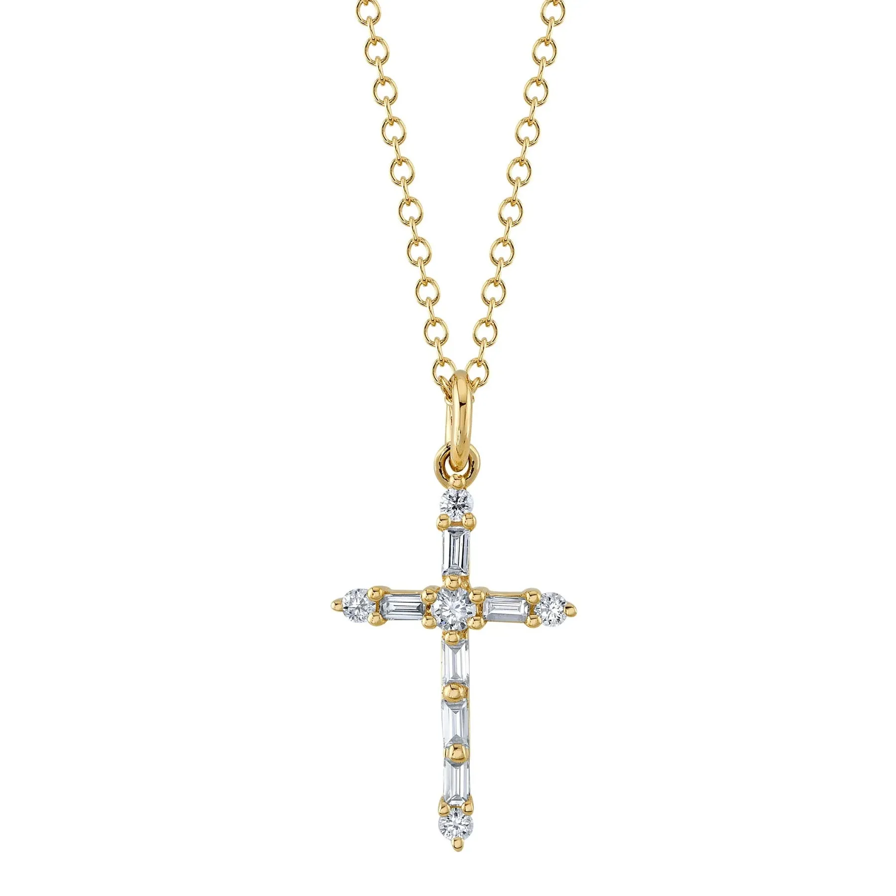 14K White or Yellow Gold 0.15 Carat Total Weight Diamond Baguette Cross Pendant Necklace