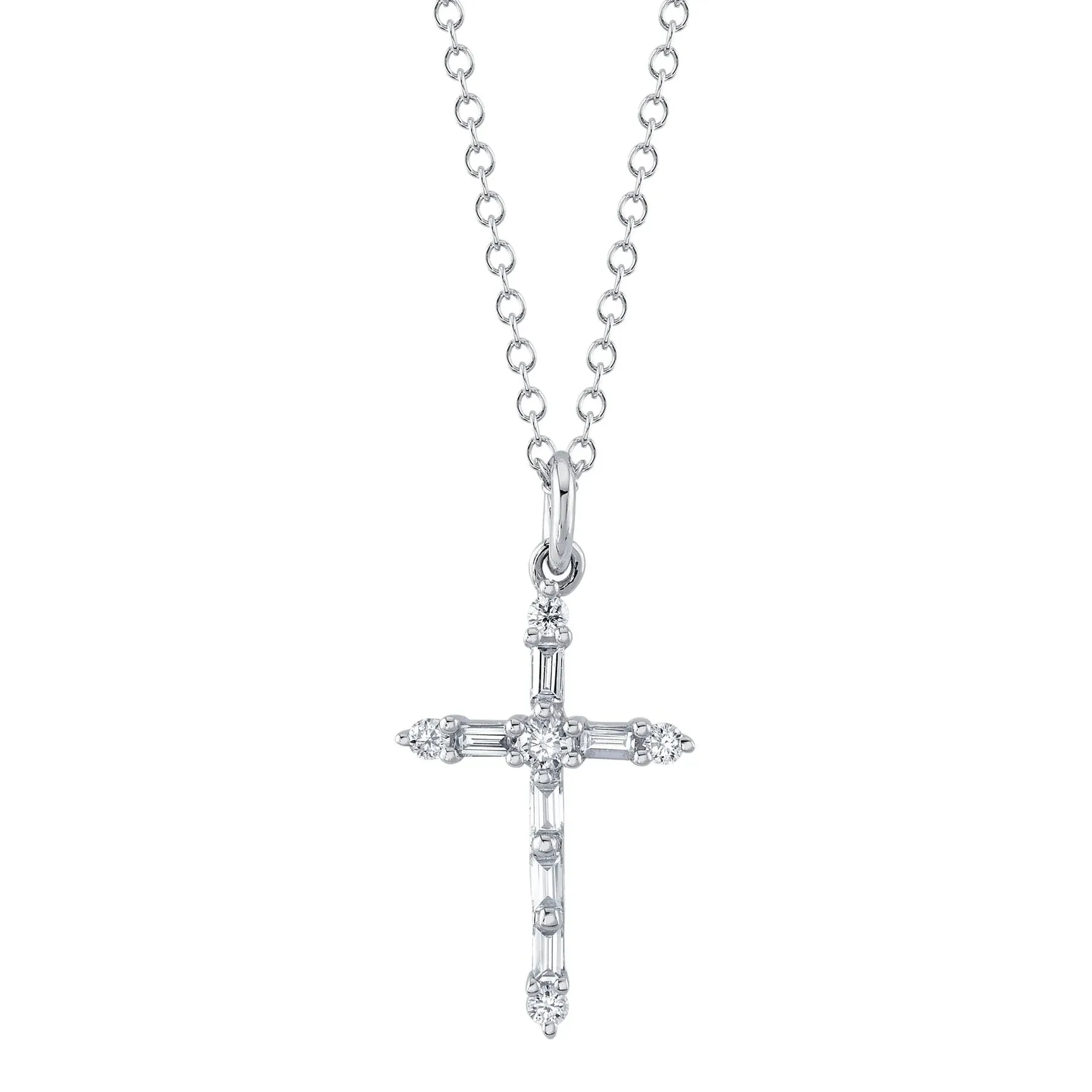 14K White or Yellow Gold 0.15 Carat Total Weight Diamond Baguette Cross Pendant Necklace