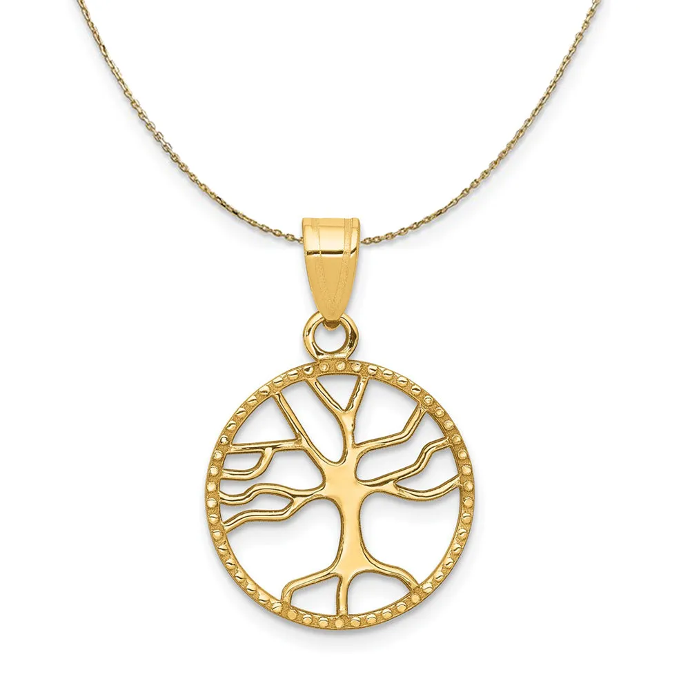 14k Yellow Gold Round Framed Tree of Life Necklace