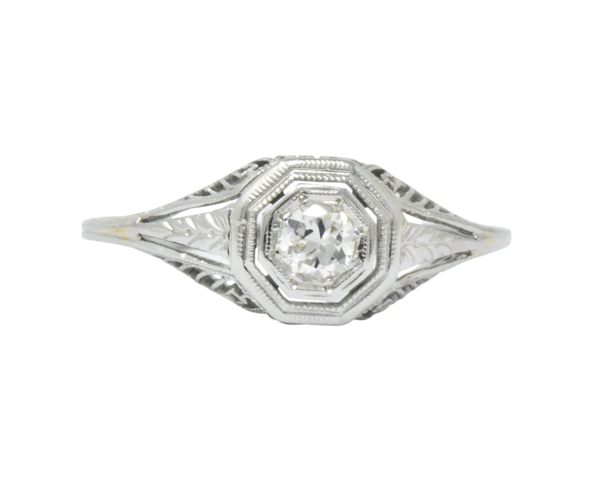 1920's Art Deco Diamond 18 Karat White Gold Foliate Engagement Ring