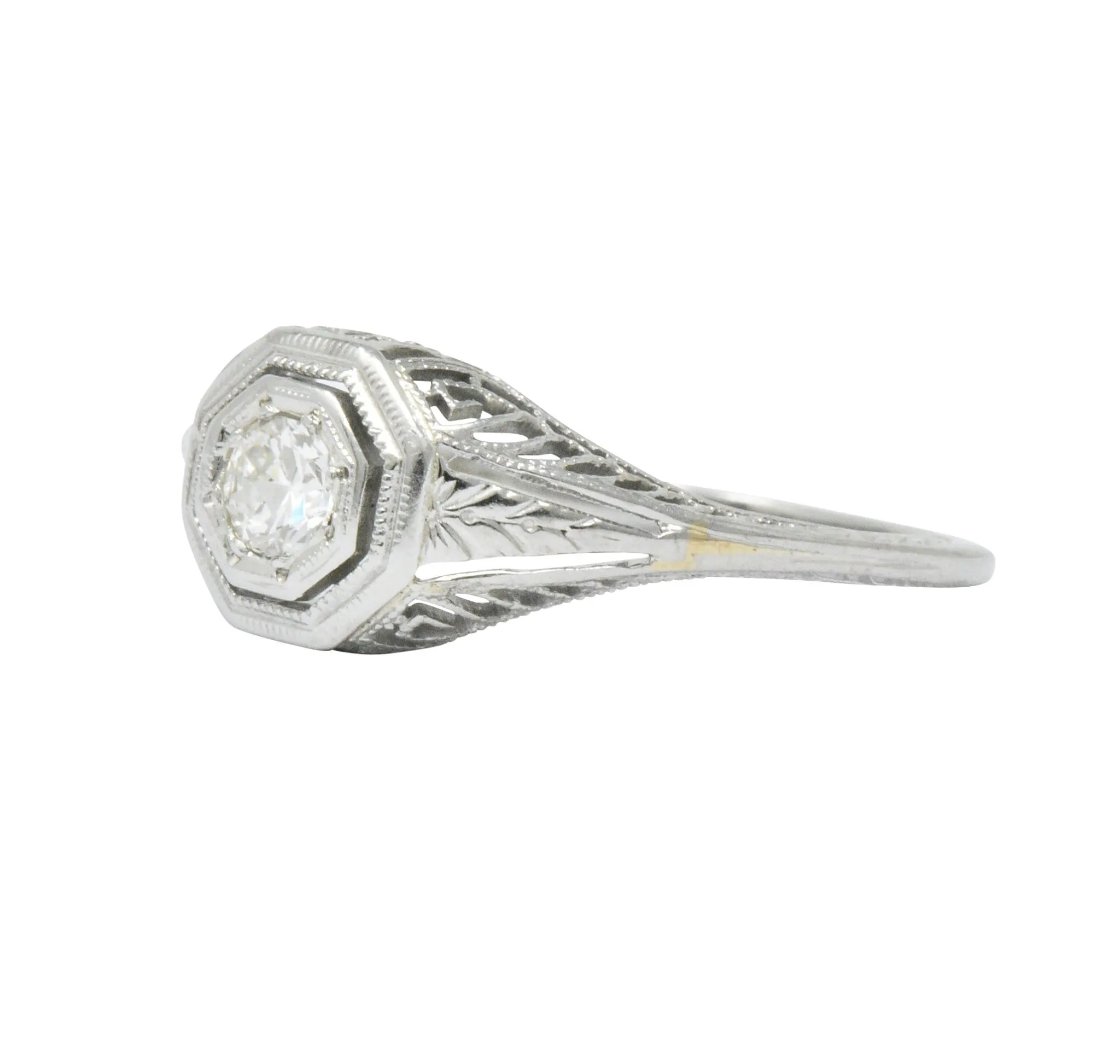 1920's Art Deco Diamond 18 Karat White Gold Foliate Engagement Ring