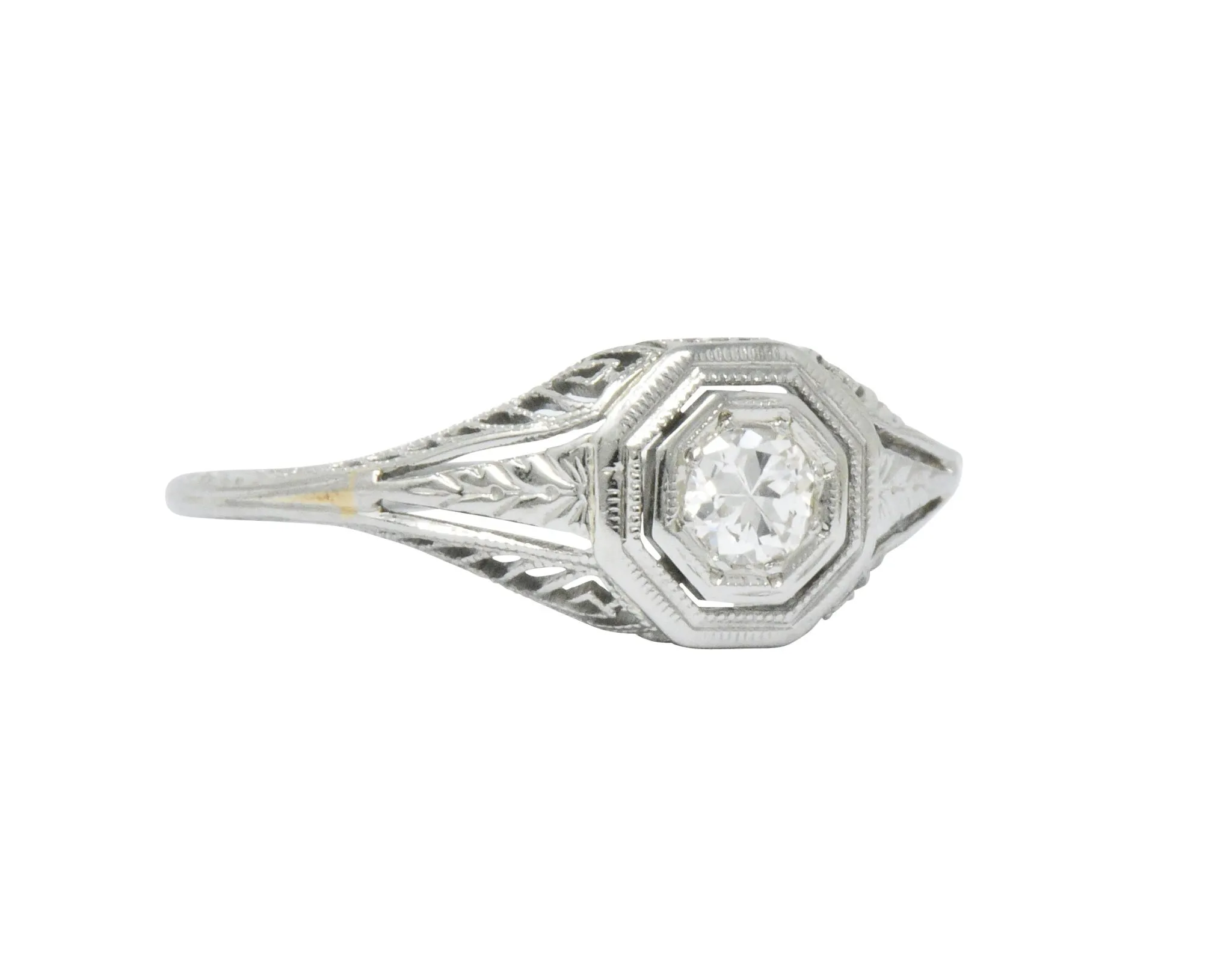 1920's Art Deco Diamond 18 Karat White Gold Foliate Engagement Ring