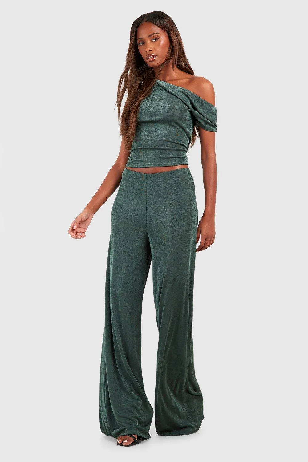 Acetate Slinky Asymmetric Drape Top & Wide Leg Pants