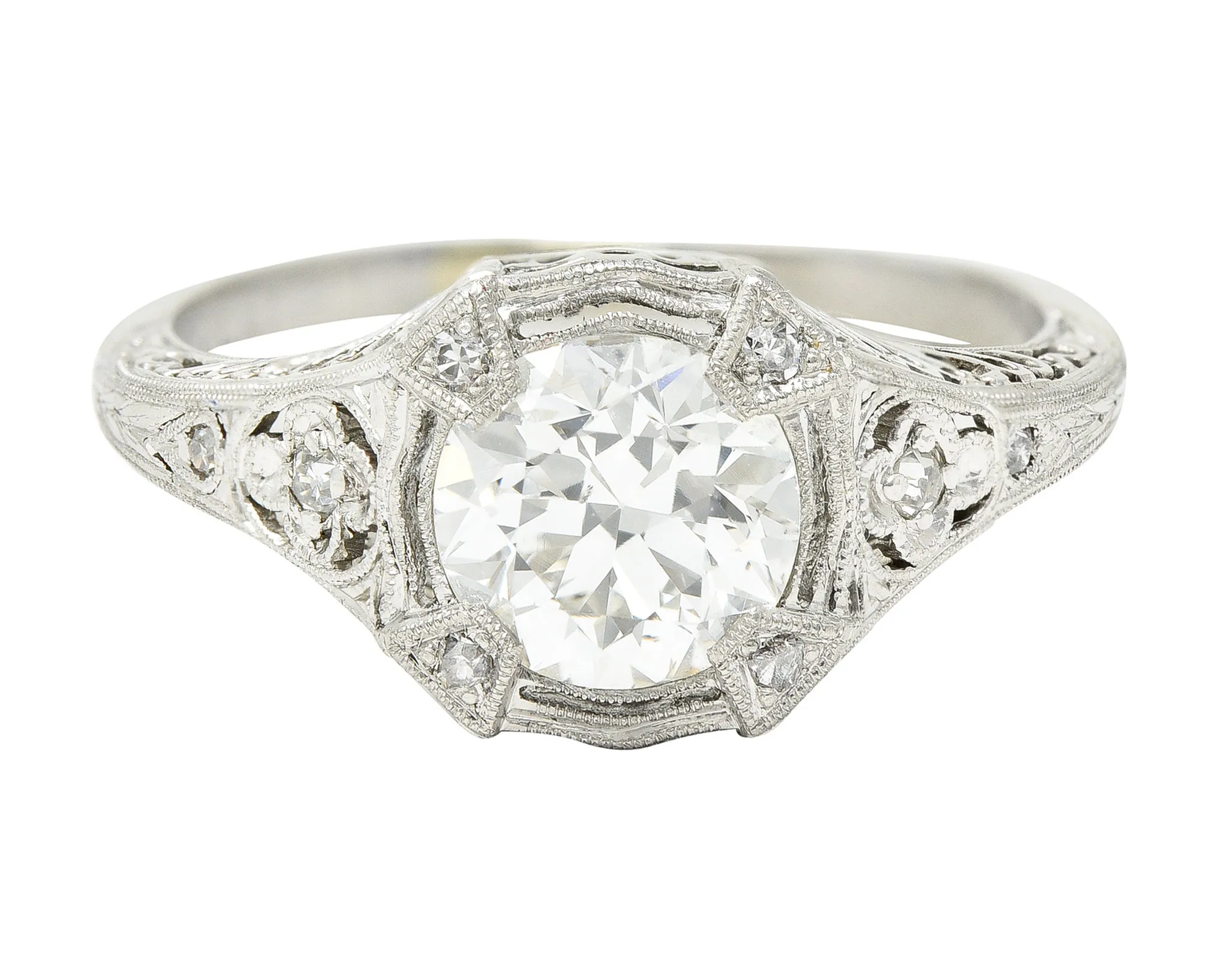 Art Deco 1.08 CTW Old European Cut Diamond Platinum Lotus Filigree Engagement Ring