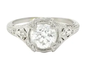 Art Deco 1.08 CTW Old European Cut Diamond Platinum Lotus Filigree Engagement Ring