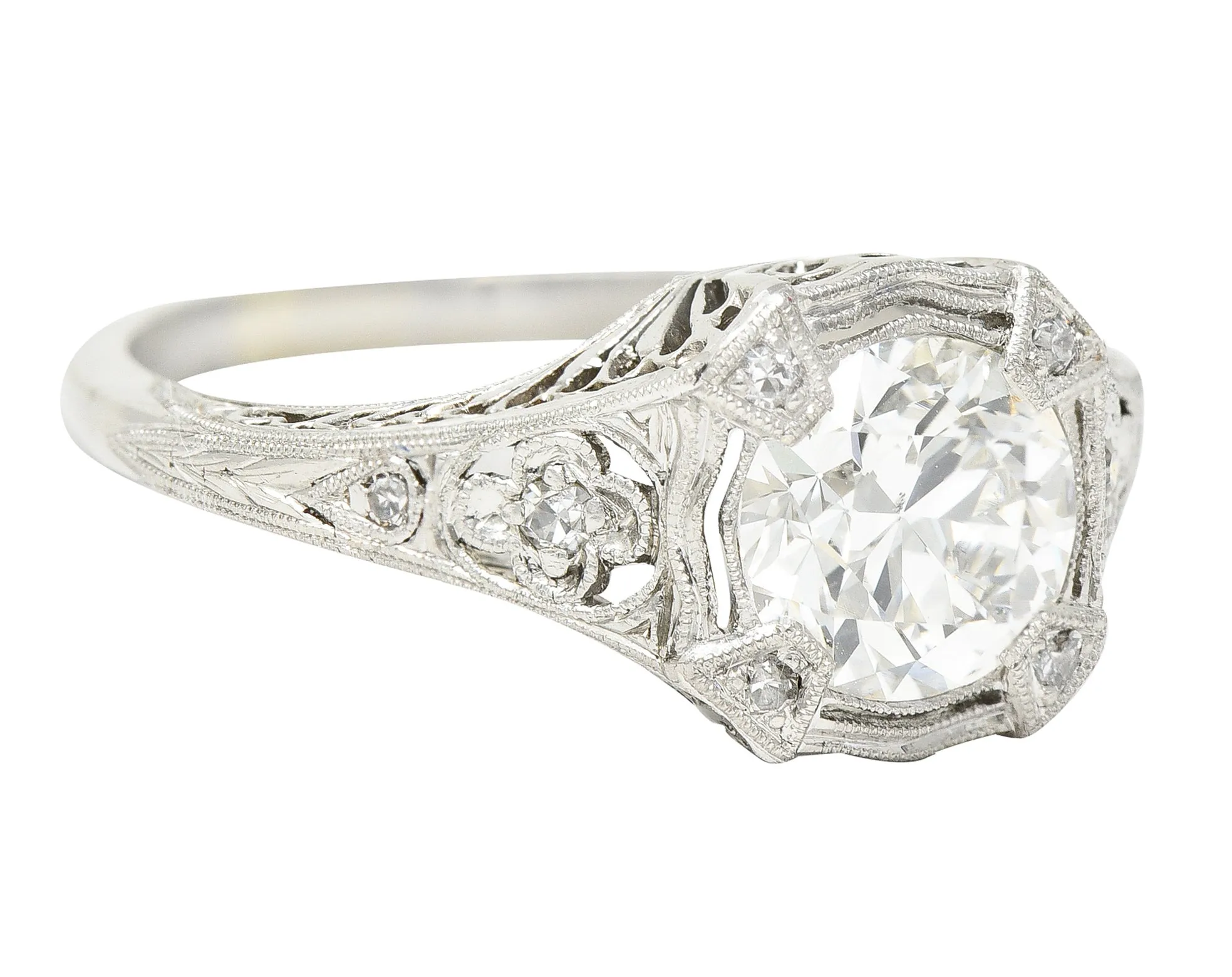 Art Deco 1.08 CTW Old European Cut Diamond Platinum Lotus Filigree Engagement Ring