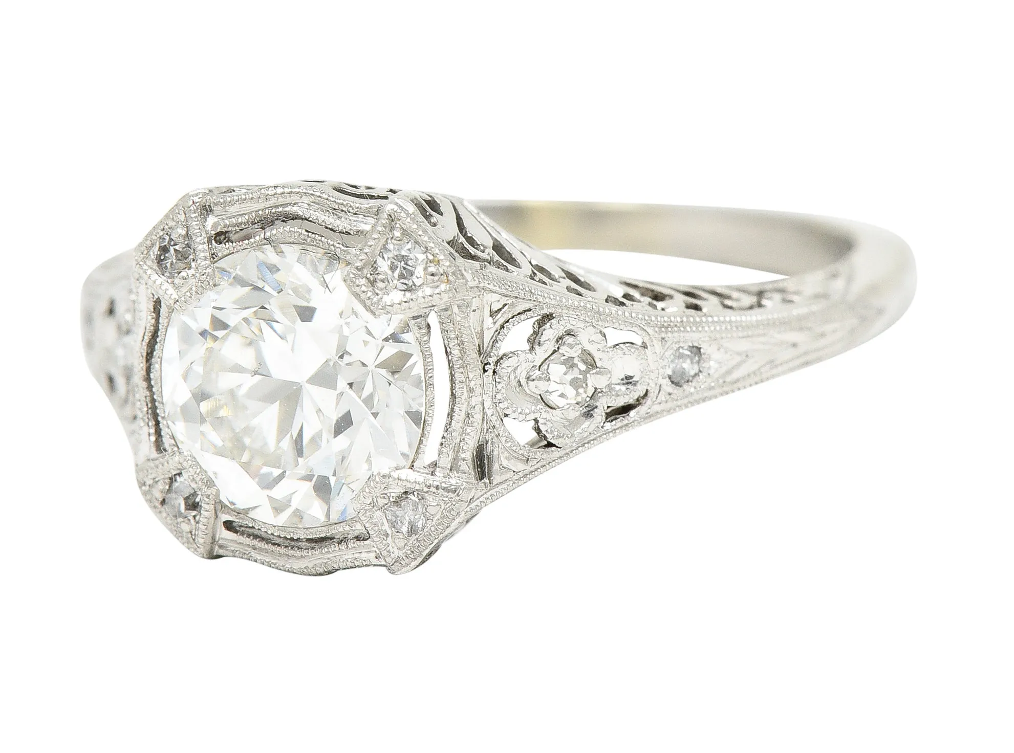 Art Deco 1.08 CTW Old European Cut Diamond Platinum Lotus Filigree Engagement Ring