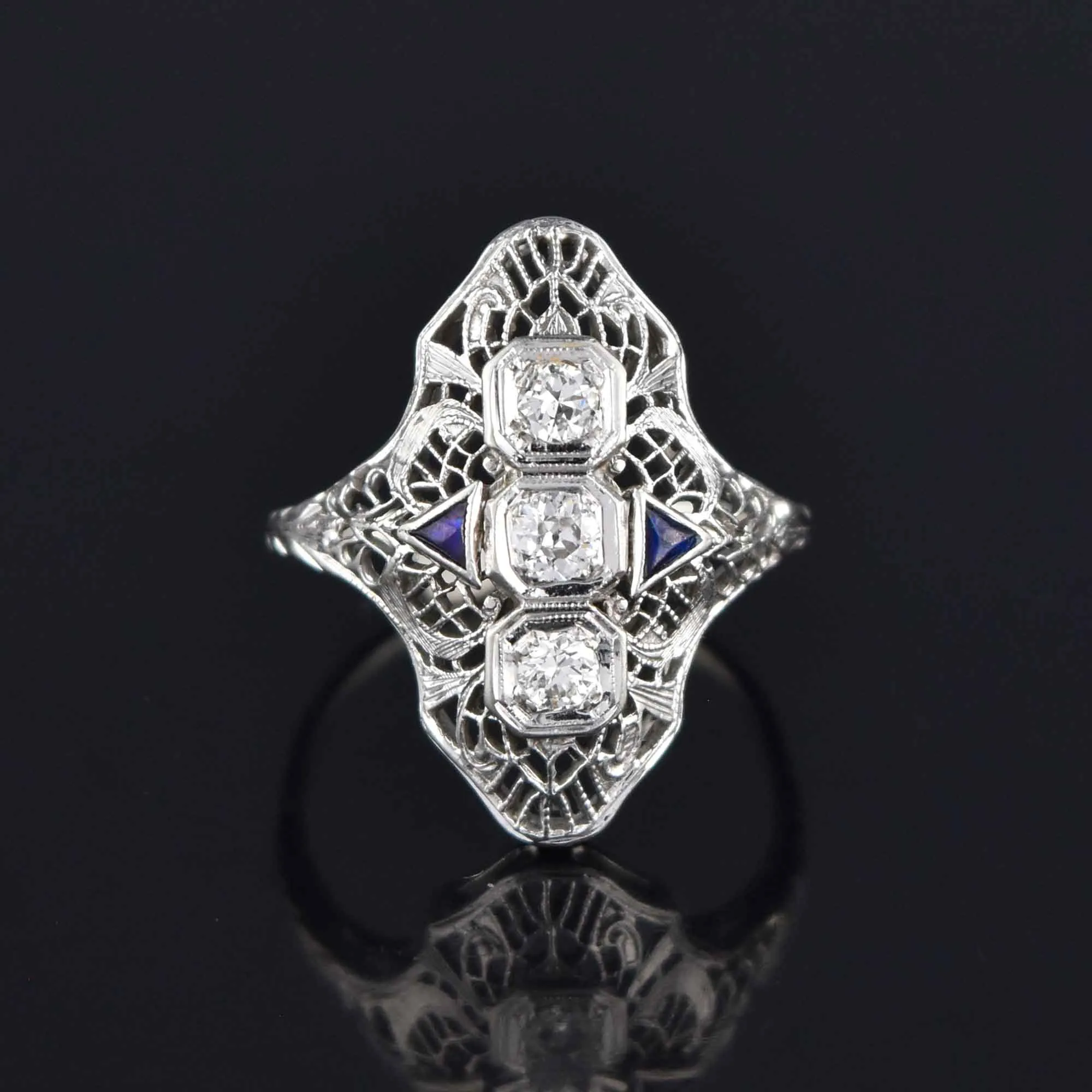 Art Deco 14K White Gold Sapphire Diamond Shield Ring