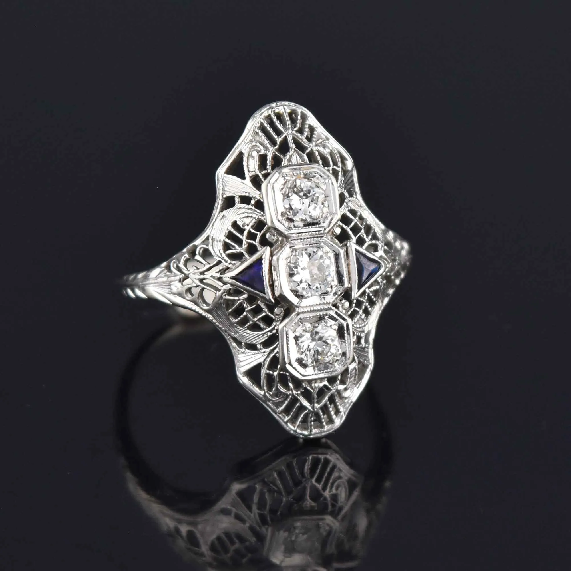 Art Deco 14K White Gold Sapphire Diamond Shield Ring