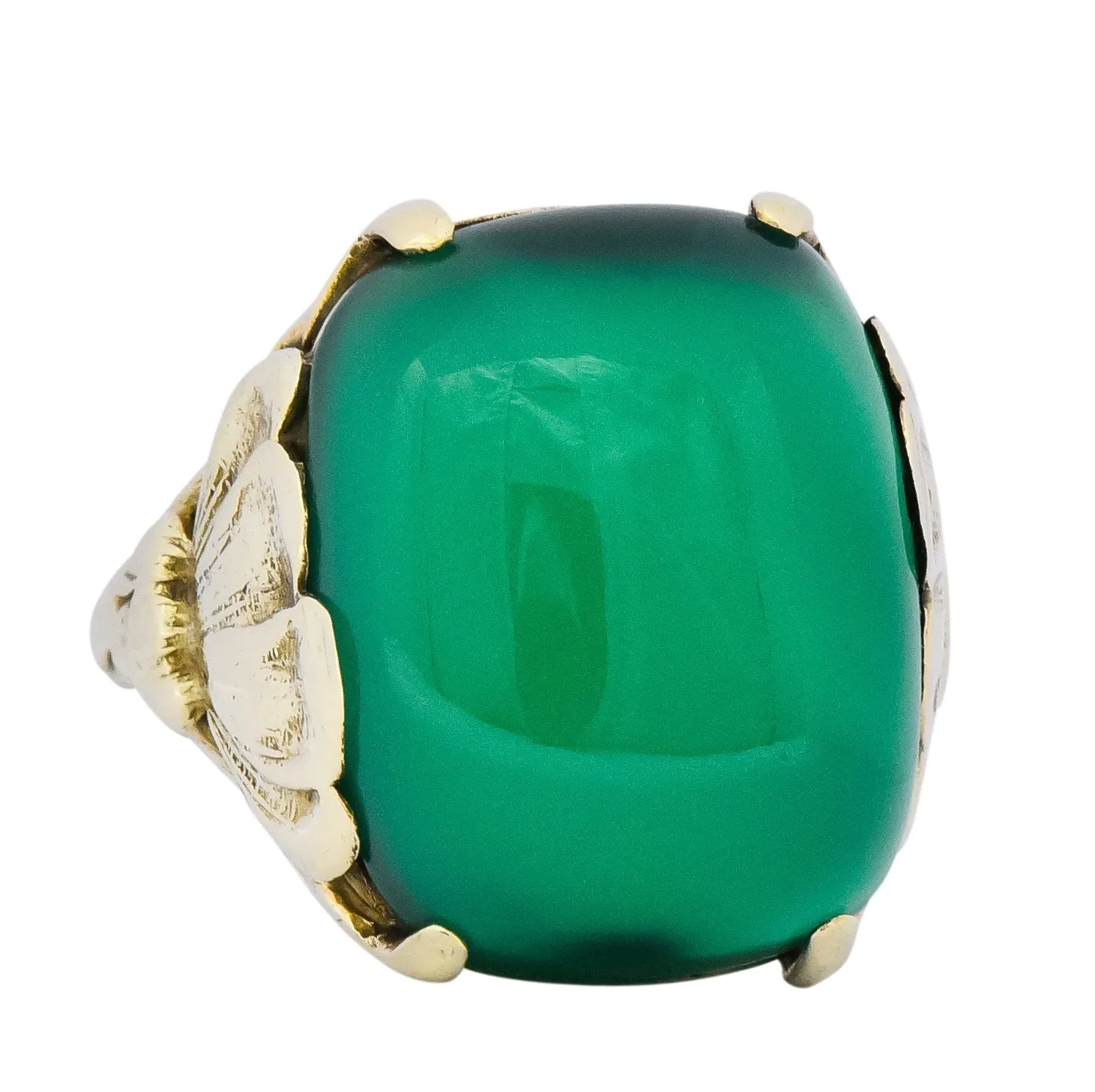 Arts & Crafts Chrysoprase 14 Karat Gold Lotus Ring