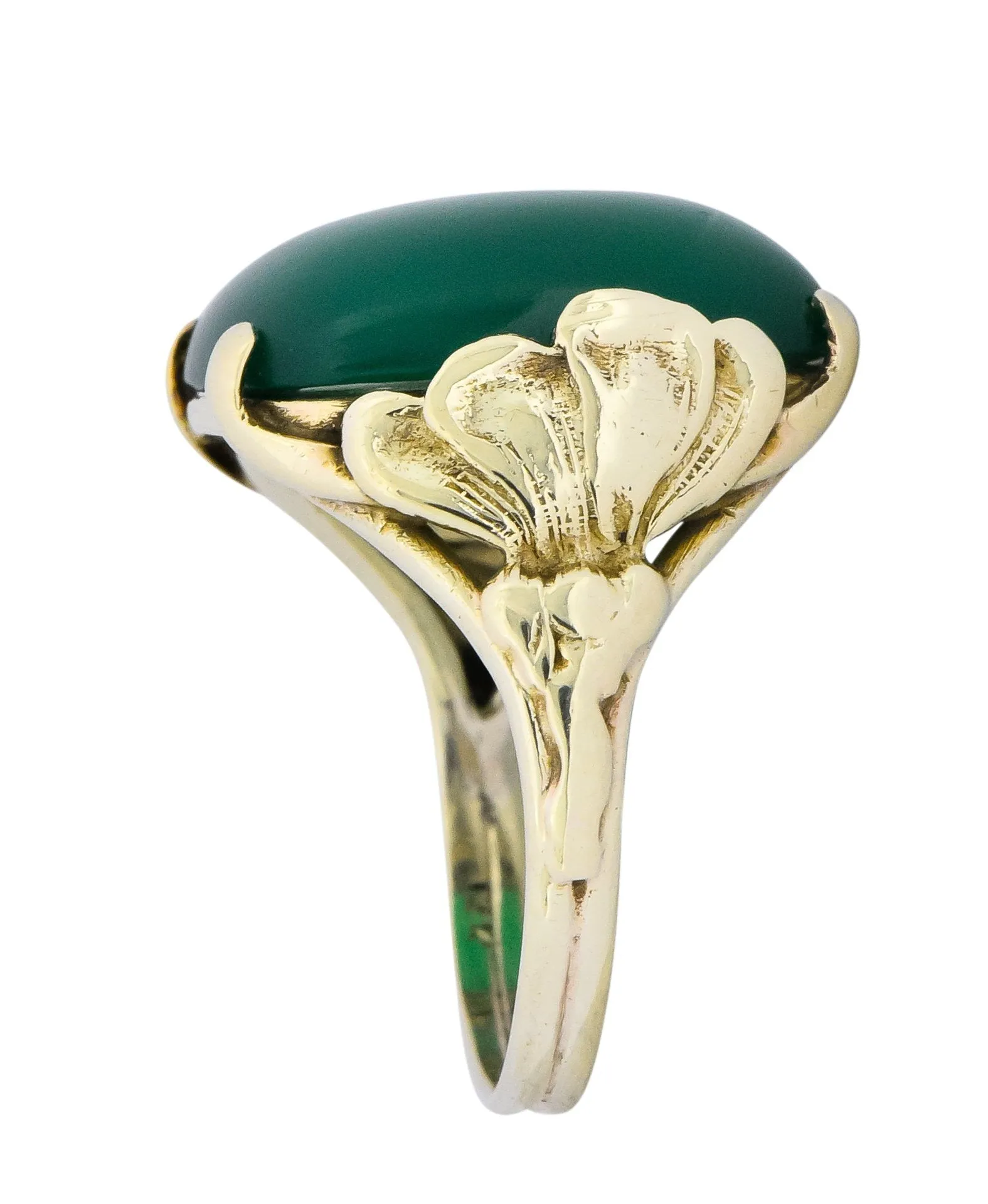 Arts & Crafts Chrysoprase 14 Karat Gold Lotus Ring