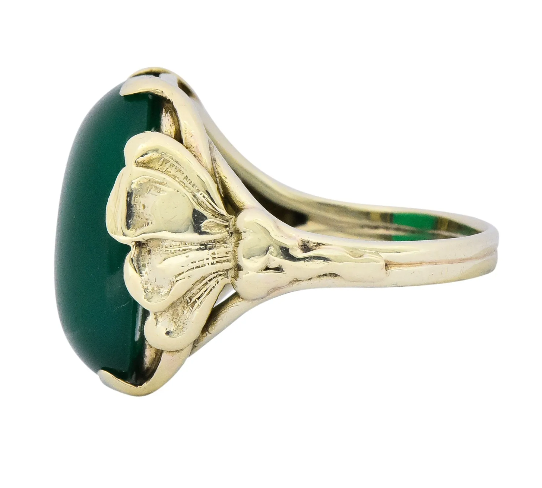 Arts & Crafts Chrysoprase 14 Karat Gold Lotus Ring