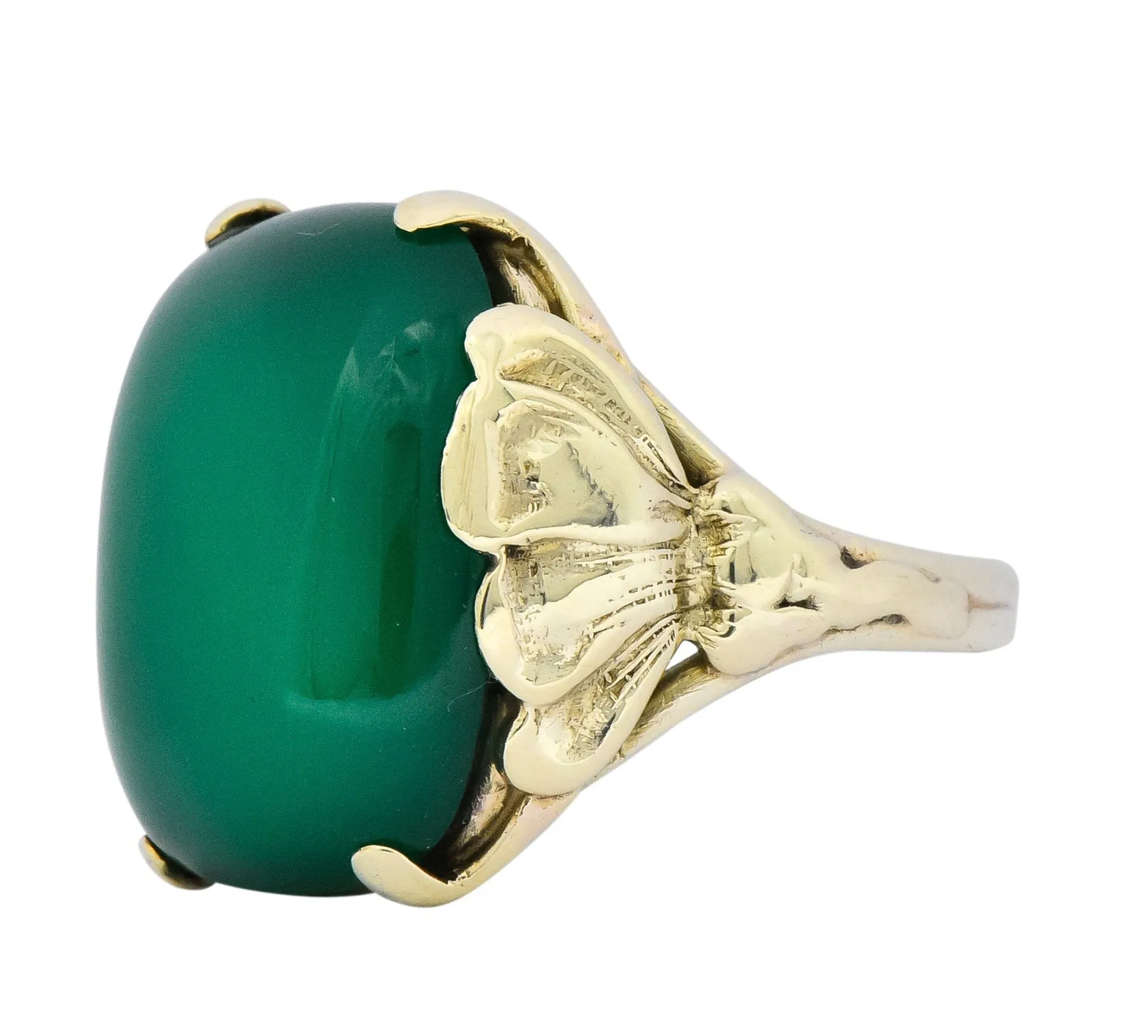 Arts & Crafts Chrysoprase 14 Karat Gold Lotus Ring