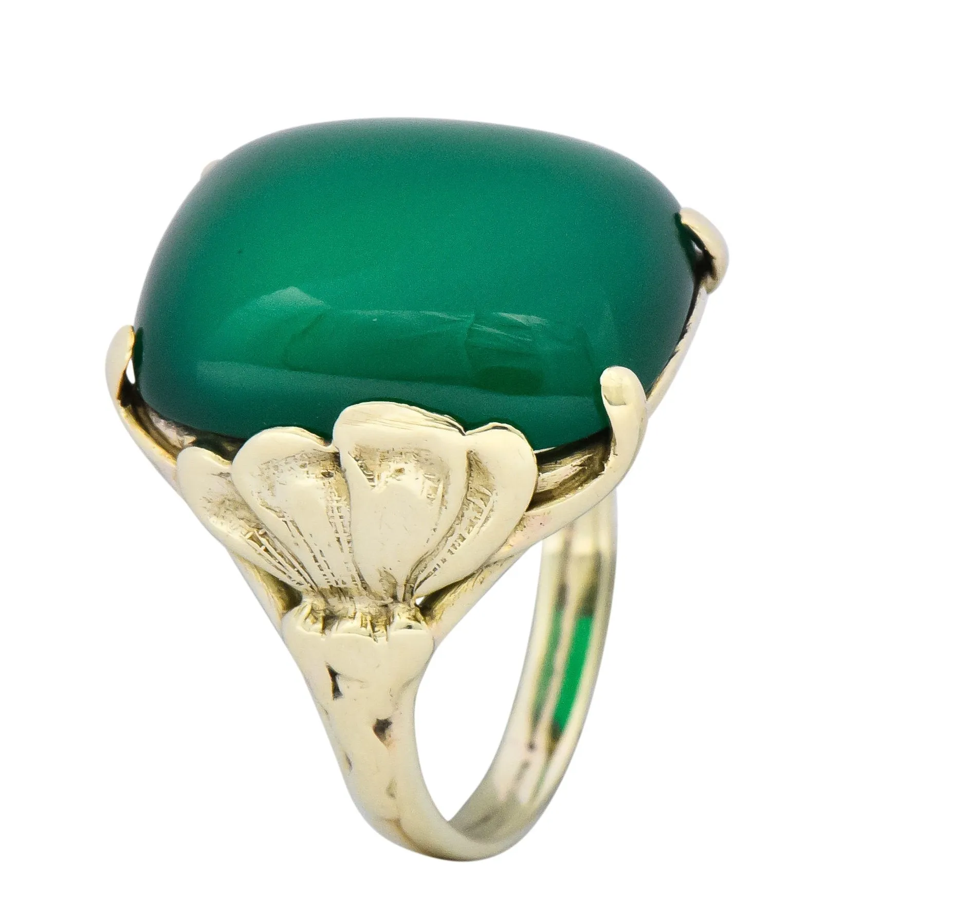 Arts & Crafts Chrysoprase 14 Karat Gold Lotus Ring