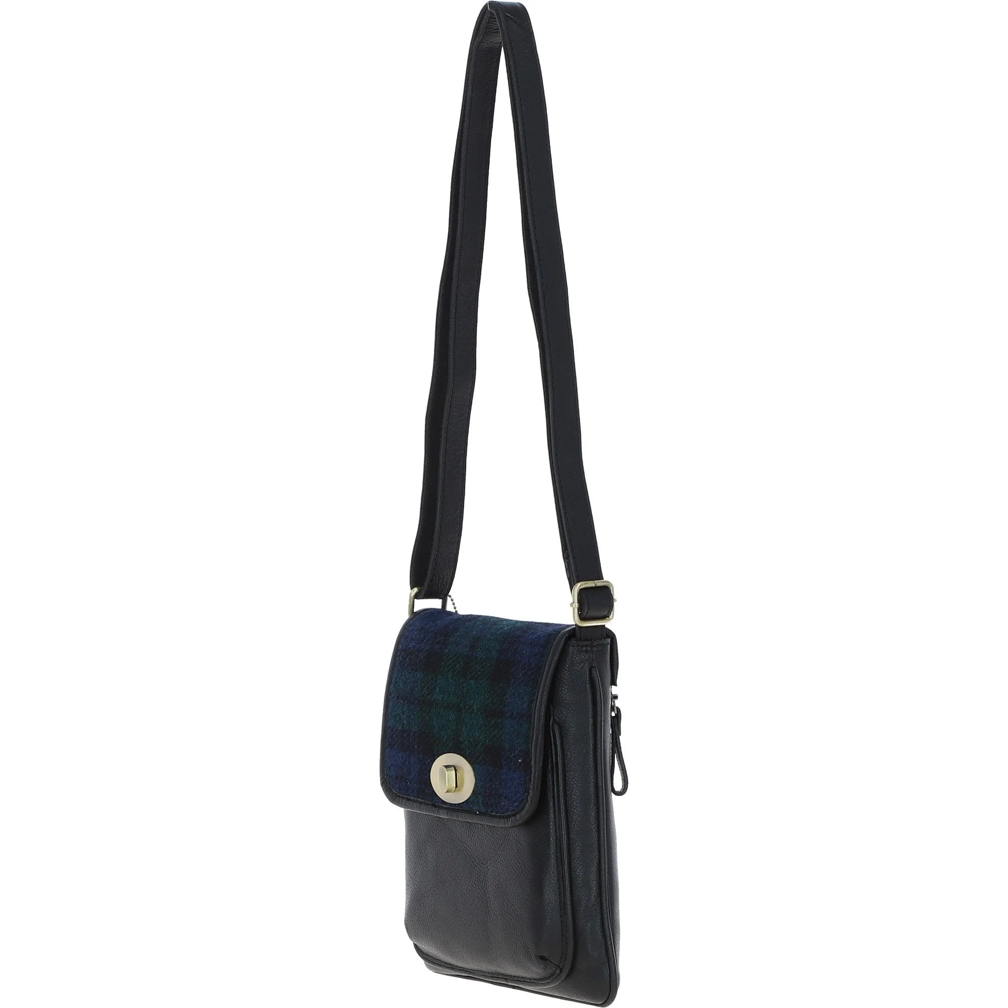 Ashwood Leather & Harris Tweed Twist Lock Crossbody Bag Black/Watch: TW-31-03-BW