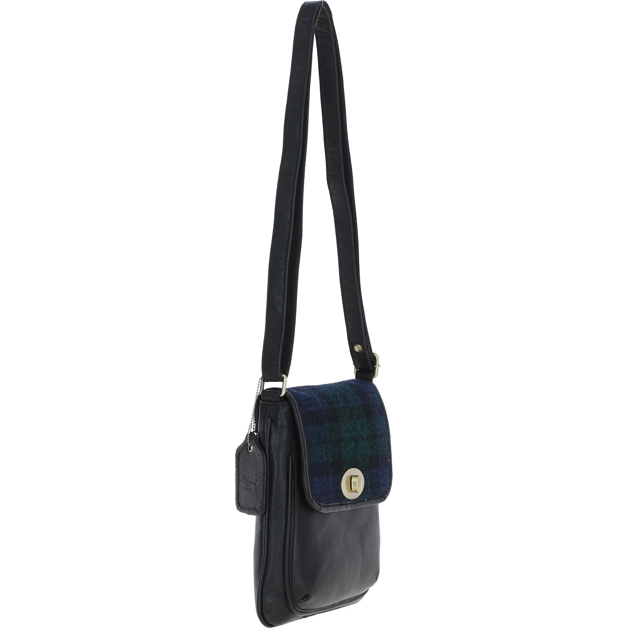 Ashwood Leather & Harris Tweed Twist Lock Crossbody Bag Black/Watch: TW-31-03-BW