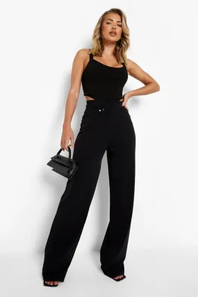 Asymmetric Button Waistband Wide Leg Pants