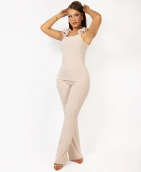 Beige Ruched Vest Top And Flare Trousers Set