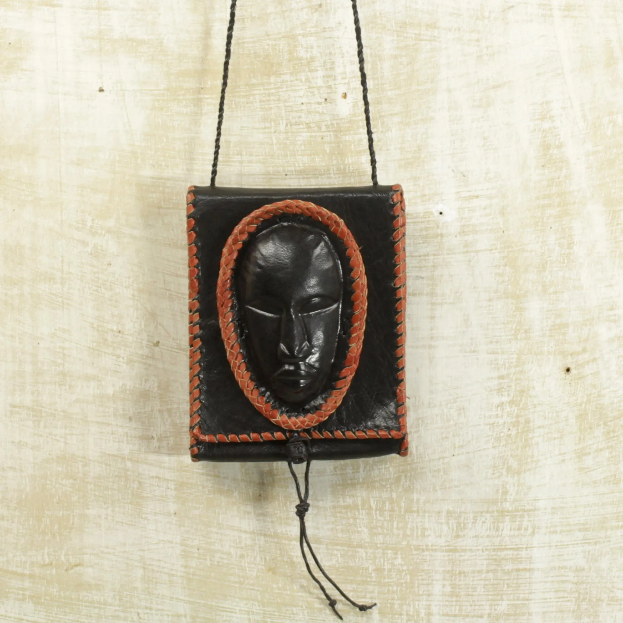 Black Leather Cell Phone Shoulder Bag with a Face from Ghana, 