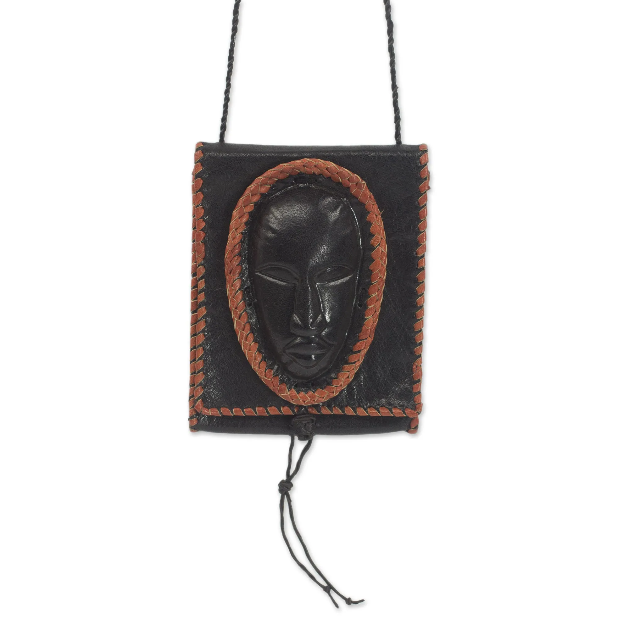 Black Leather Cell Phone Shoulder Bag with a Face from Ghana, 