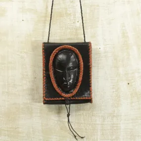 Black Leather Cell Phone Shoulder Bag with a Face from Ghana, Watcher