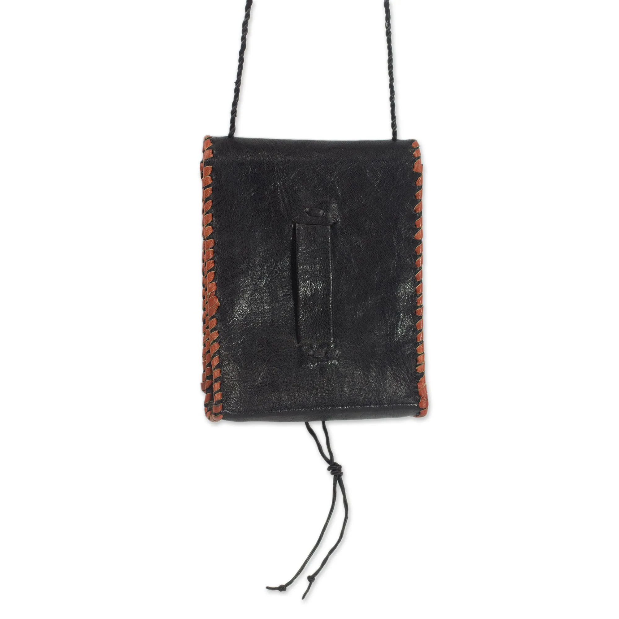 Black Leather Cell Phone Shoulder Bag with a Face from Ghana, 