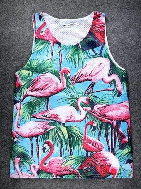 Blue Pink Flamingoes in Forest Net Sleeveless Mens T-shirt Vest Sports Tank Top