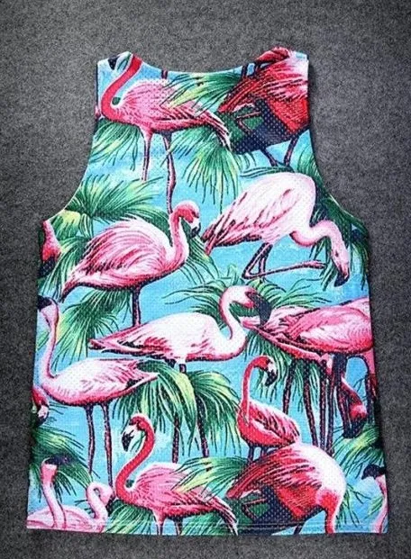 Blue Pink Flamingoes in Forest Net Sleeveless Mens T-shirt Vest Sports Tank Top