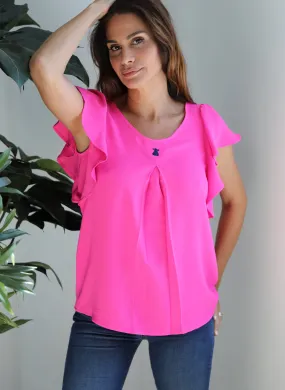 Blusa Rosa Manga Corta Volantes Mujer