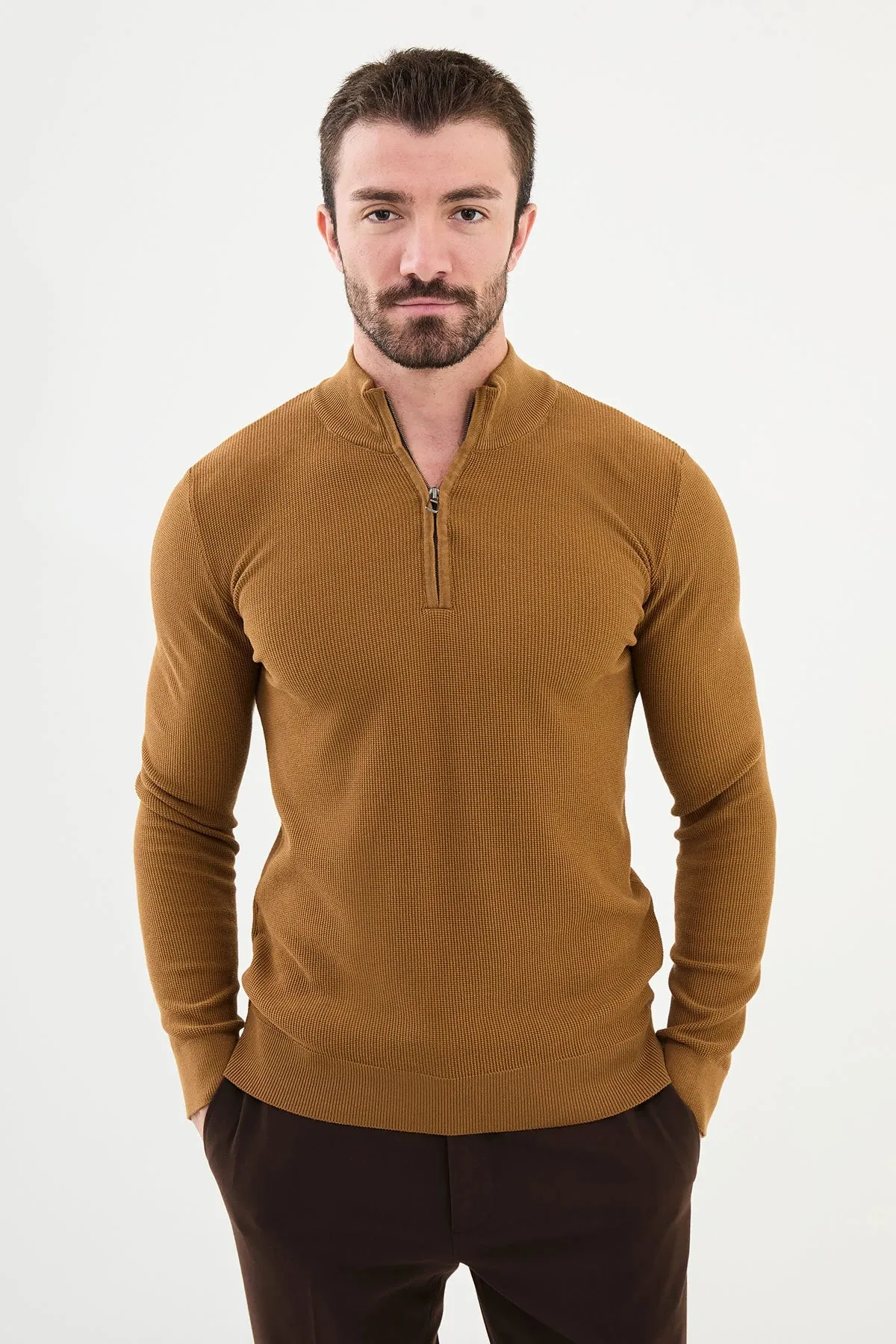 Bojoni Capena Textured Slim Fit Zippered Half Turtleneck Camel Knitwear Sweater