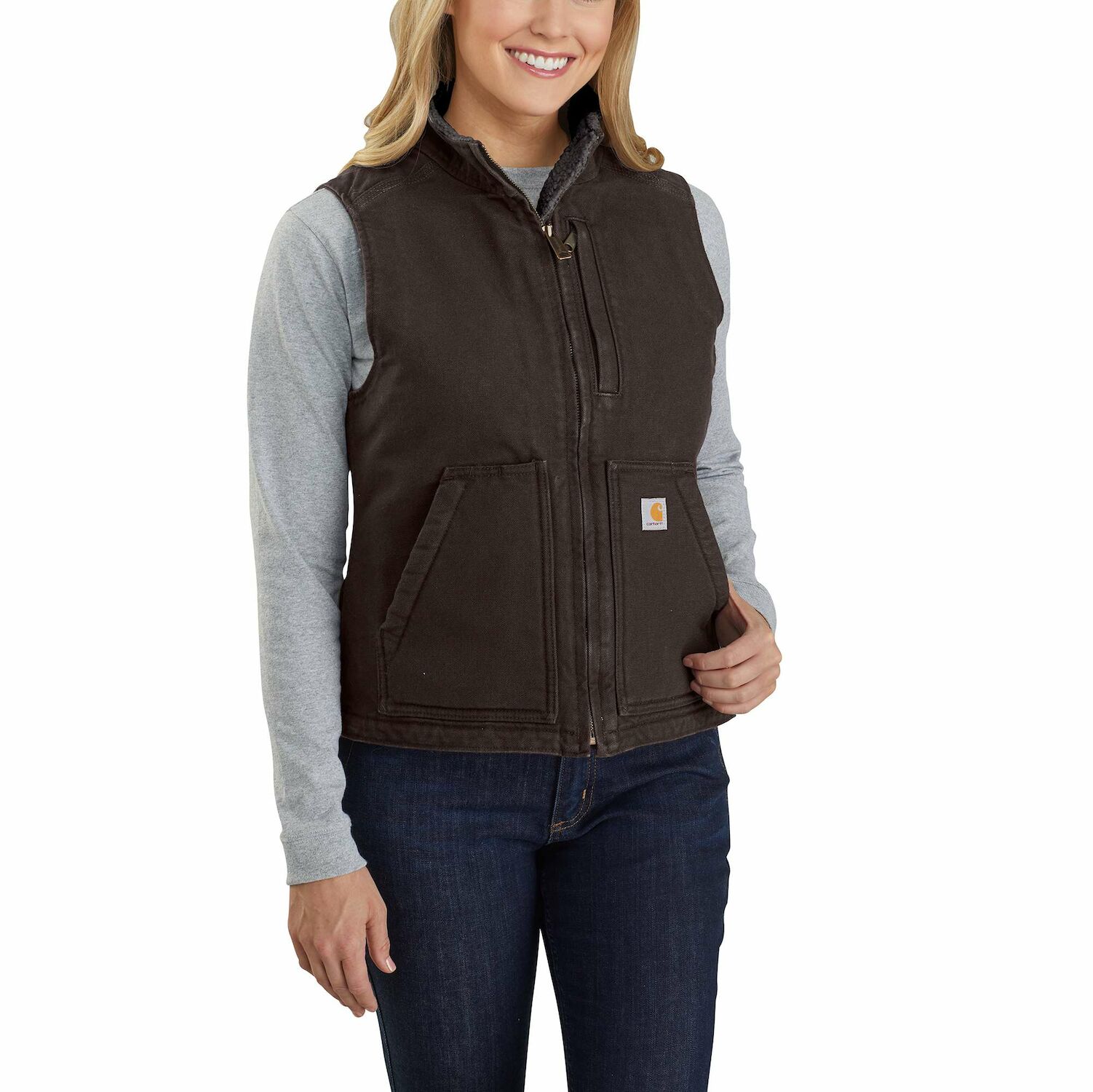 Carhartt Women's Relaxed Fit Washed Duck Sherpa-Lined Mock-Neck Vest in Dark Brown