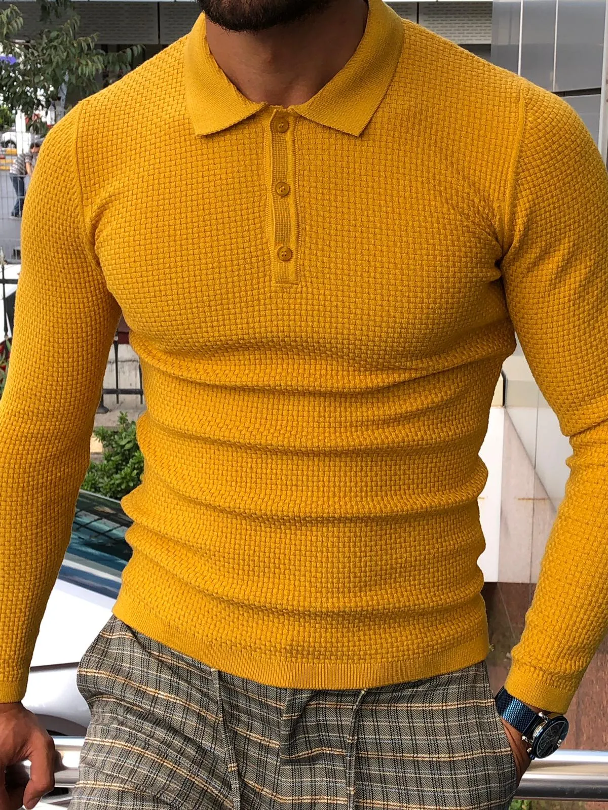 Carlos Slim-Fit Polo Sweater Mustard