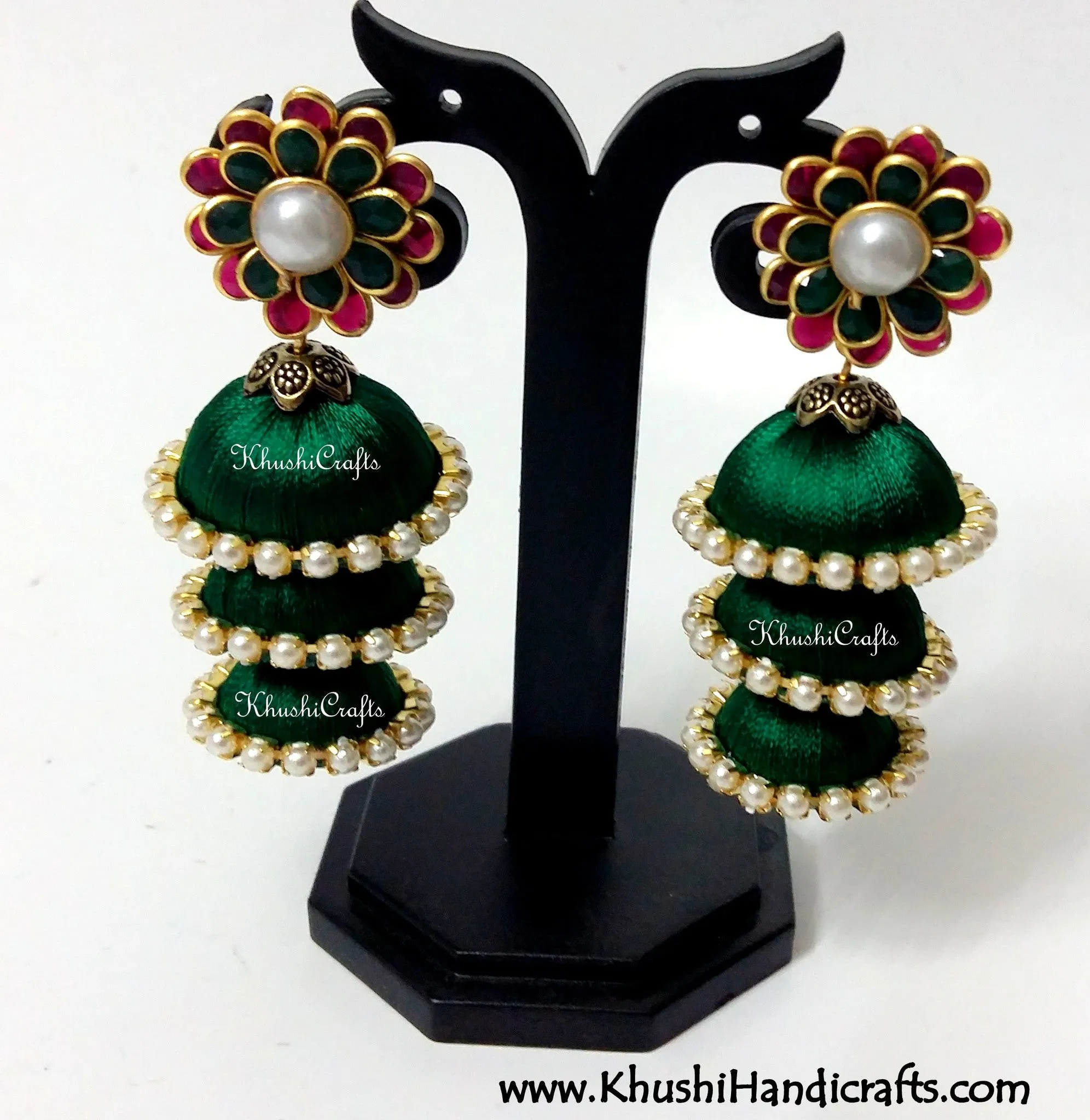 Cascaded Jhumkas in Silk with Pachi Stud