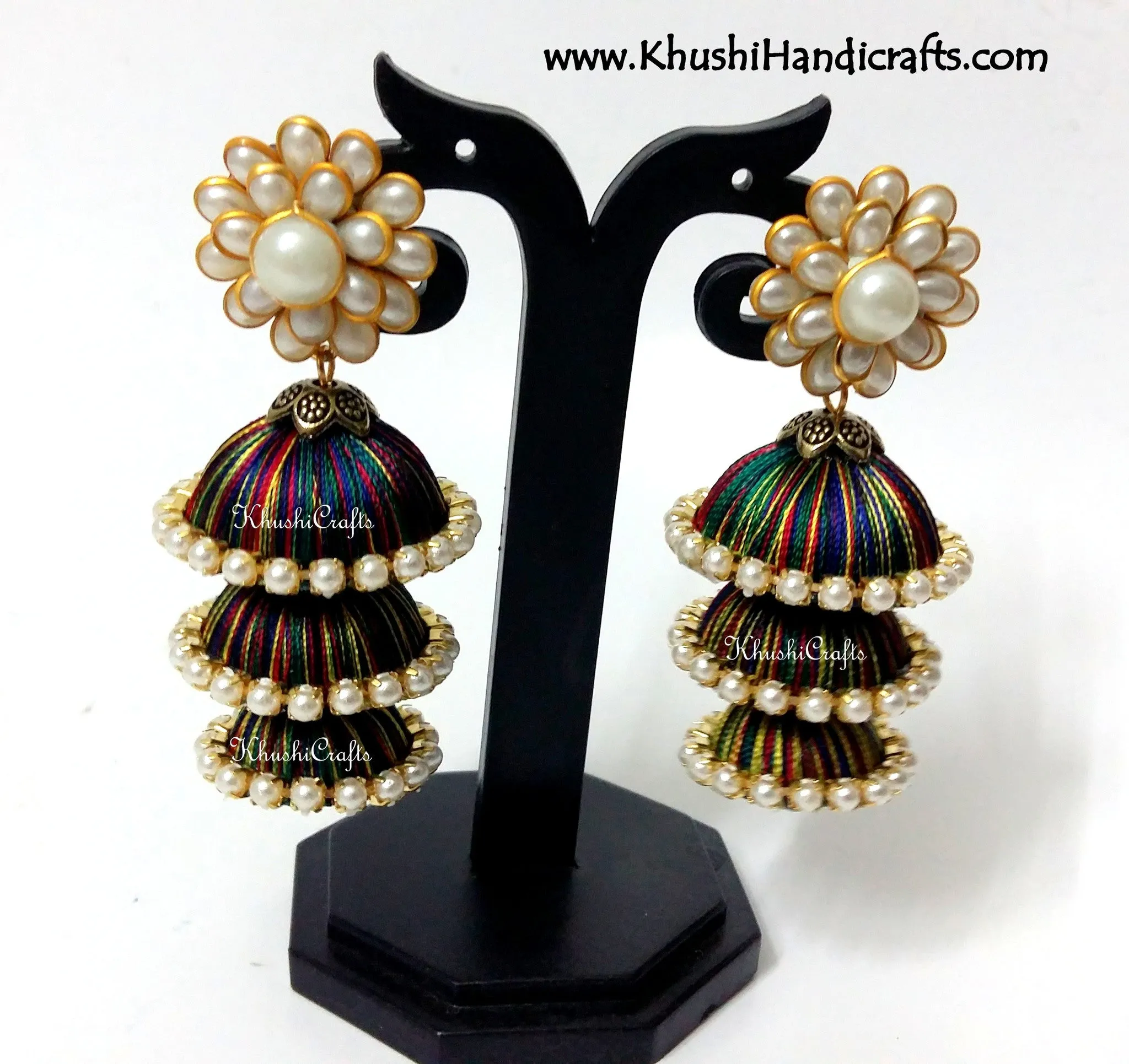 Cascaded Jhumkas in Silk with Pachi Stud