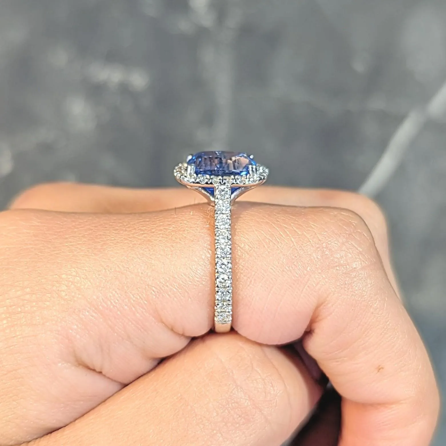 Contemporary 4.67 CTW Sapphire Diamond 18 Karat White Gold Halo Ring